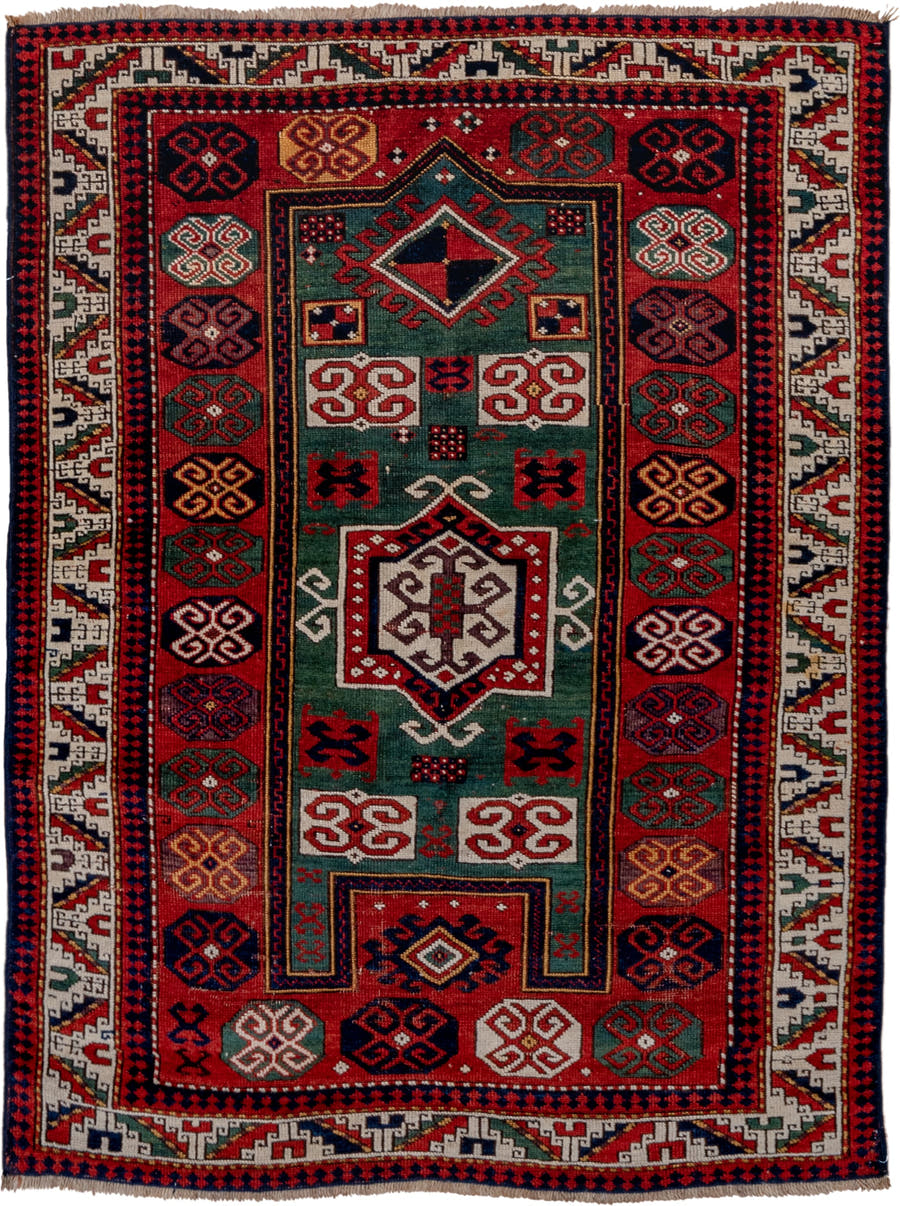 3' x 5' one-of-a-kind handmade vintage Kazak small size rug. Color palette: red, ivory, navy, teal, crimson, sage, burgundy