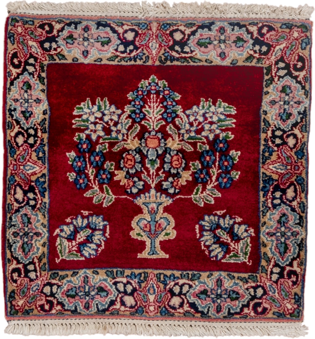 1' x 1' one-of-a-kind handmade vintage Kerman small size rug. Color palette: crimson, ivory, navy, rose, sky_blue, sage