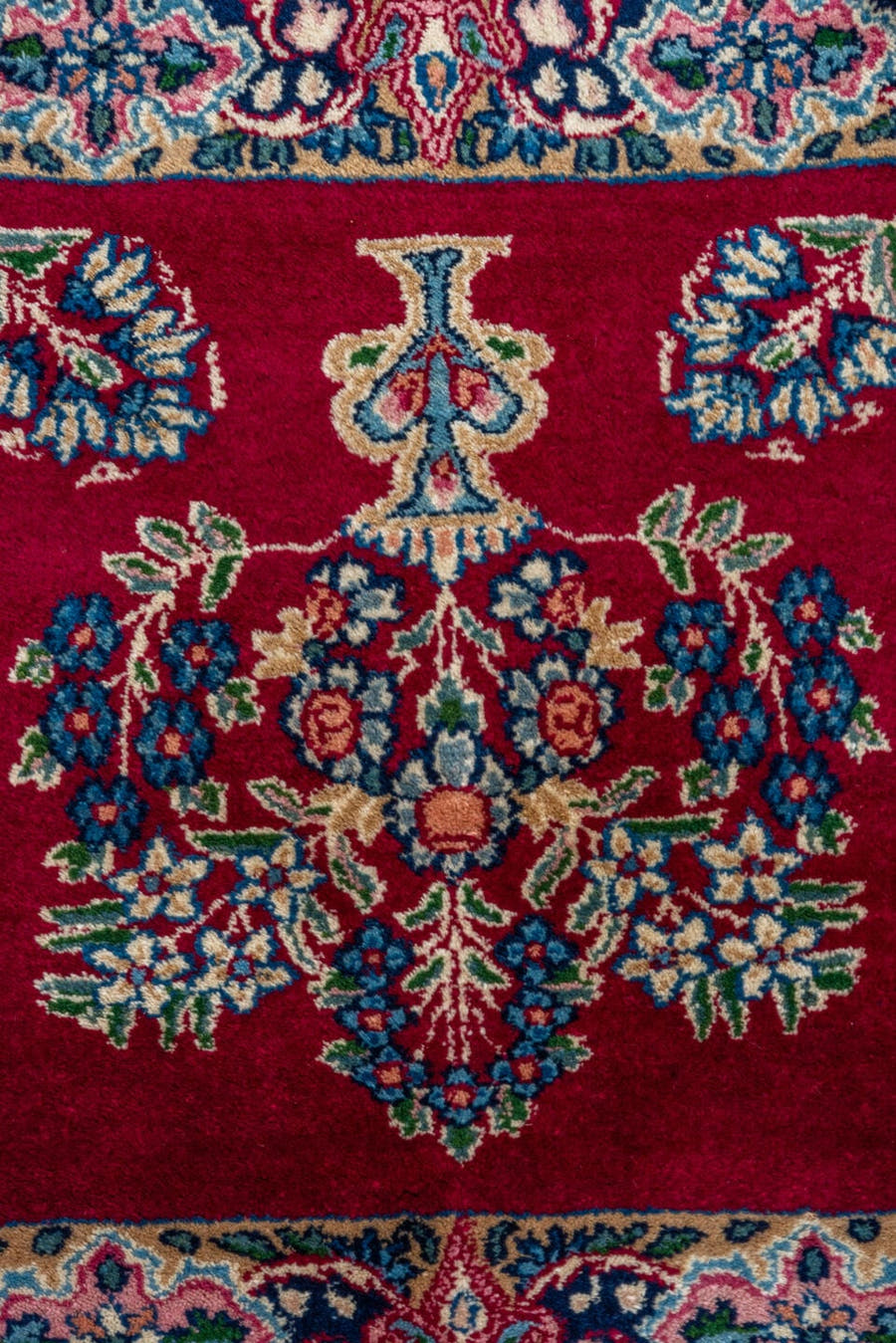 1' x 1' one-of-a-kind handmade vintage Kerman small size rug. Color palette: crimson, ivory, navy, rose, sky_blue, sage
