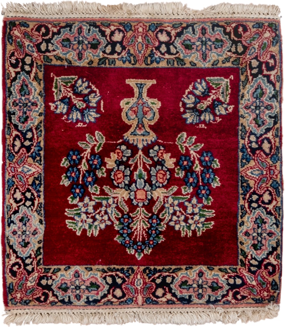 1' x 1' one-of-a-kind handmade vintage Kerman small size rug. Color palette: crimson, ivory, navy, rose, sky_blue, sage