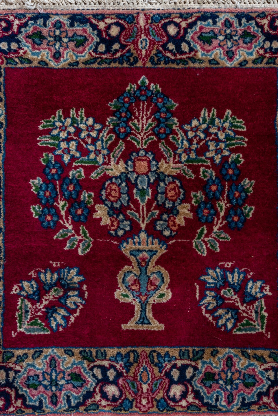 1' x 1' one-of-a-kind handmade vintage Kerman small size rug. Color palette: crimson, ivory, navy, rose, sky_blue, sage