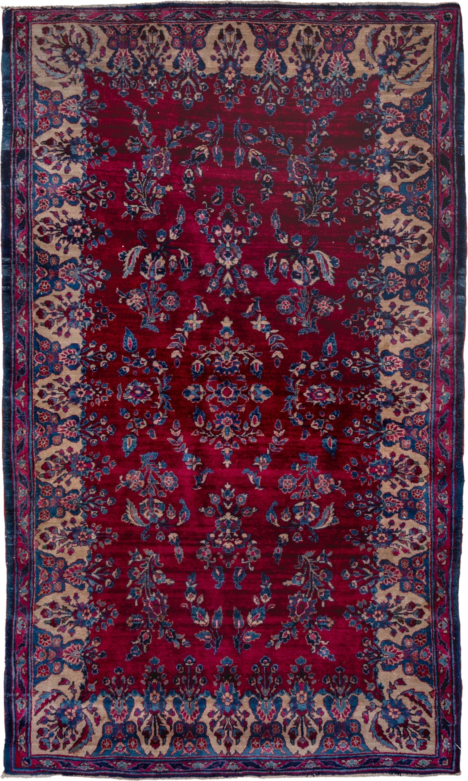 3' x 6' one-of-a-kind handmade vintage Kerman small size rug. Color palette: crimson, ivory, navy, sky blue, rose, burgundy