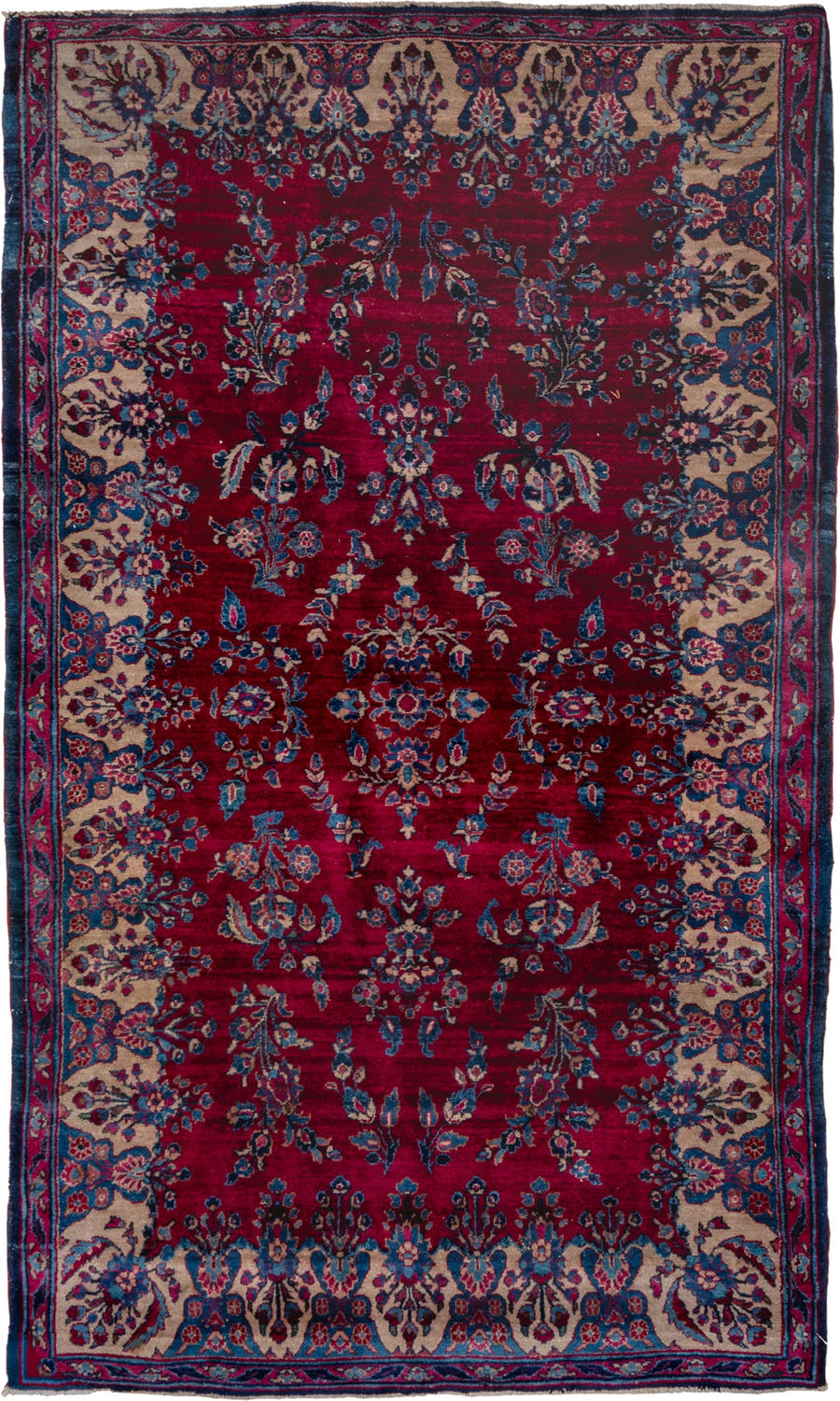 3' x 6' one-of-a-kind handmade vintage Kerman small size rug. Color palette: crimson, ivory, navy, sky blue, rose, burgundy