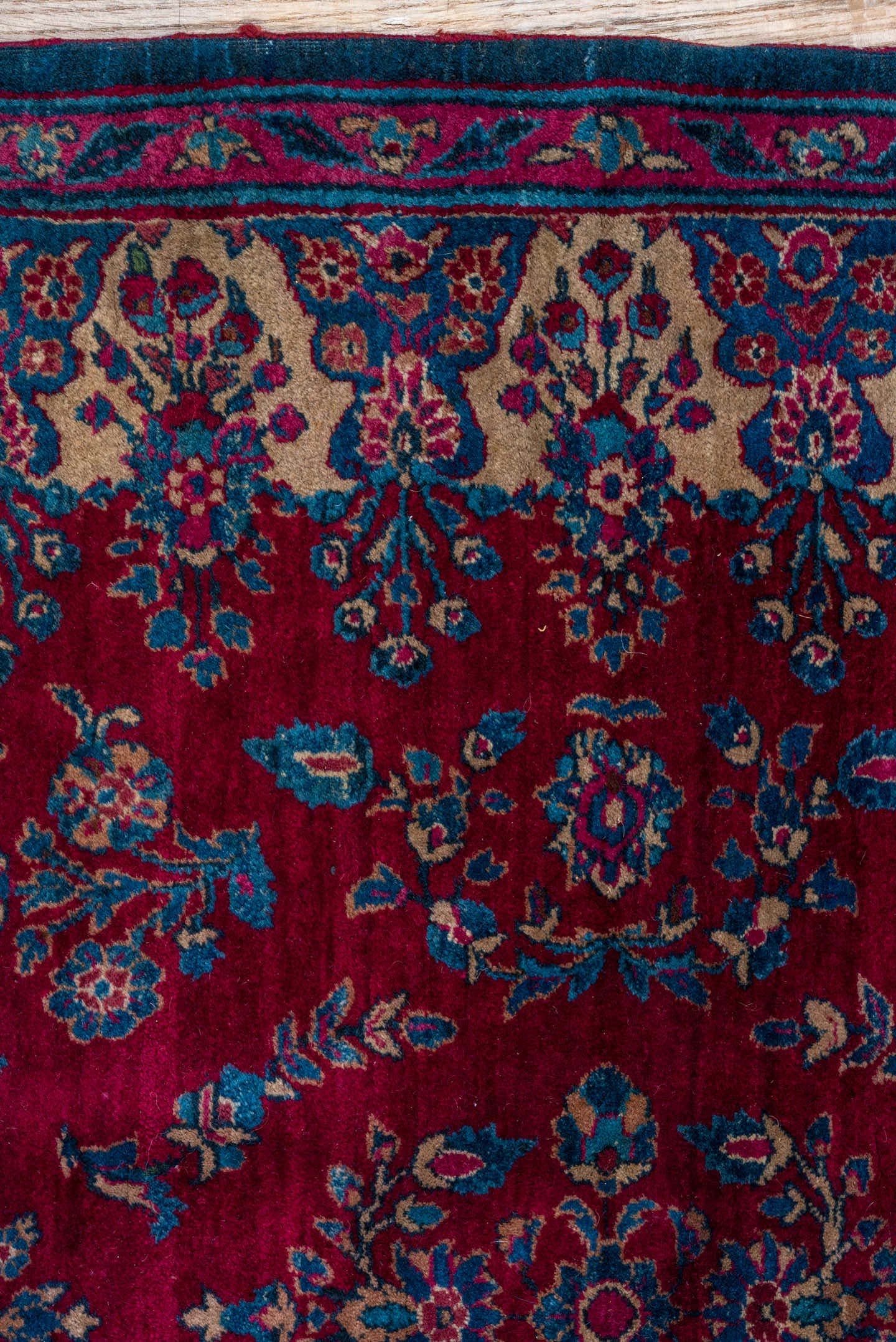 3' x 6' one-of-a-kind handmade vintage Kerman small size rug. Color palette: crimson, ivory, navy, sky blue, rose, burgundy