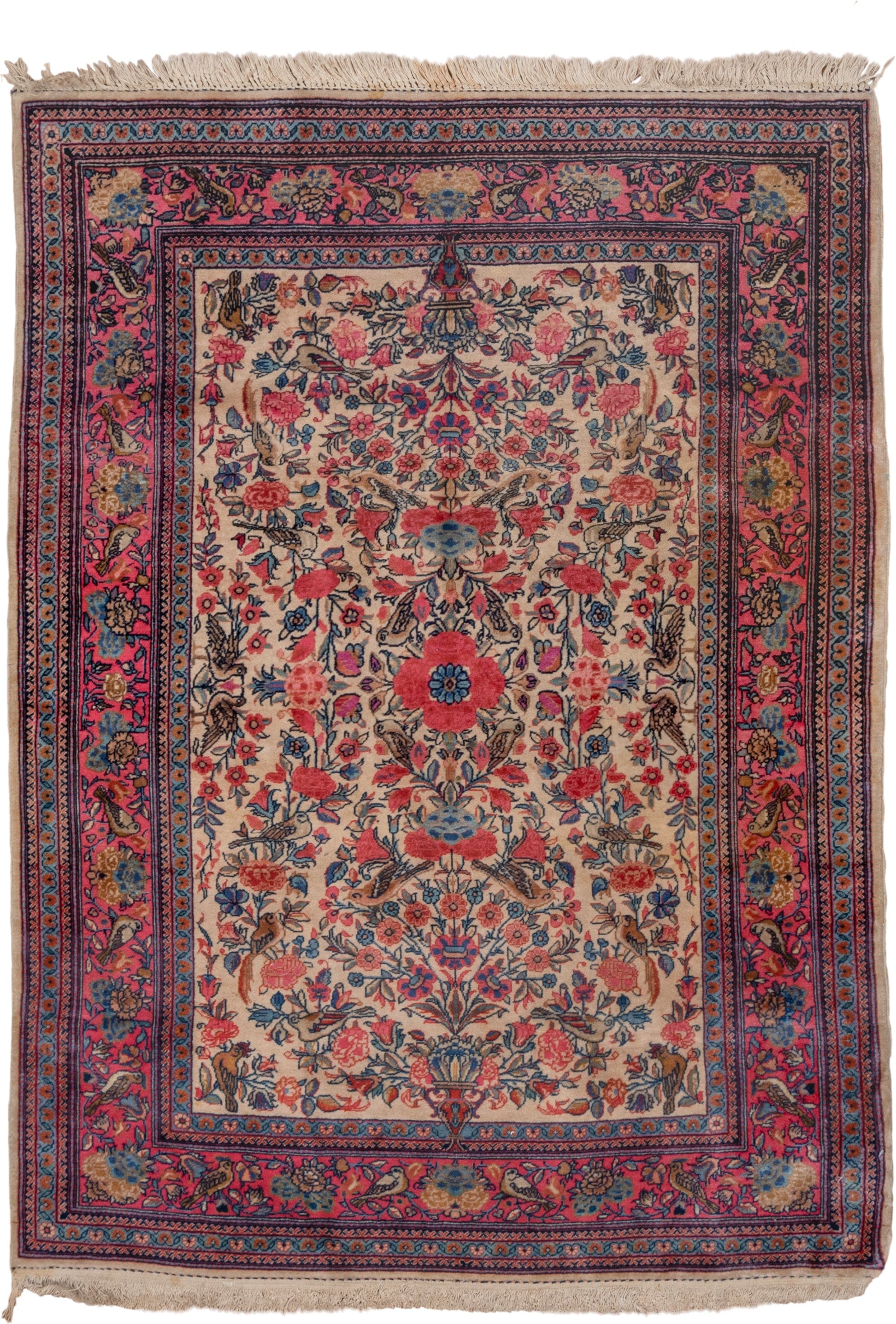 3' x 4' one-of-a-kind handmade vintage Kashan small size rug. Color palette: ivory, rose, navy, coral, sky_blue, taupe