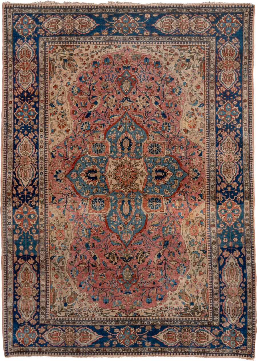3' x 4' one-of-a-kind handmade vintage Mohtasham Kashan small size rug. Color palette: rose, navy, ivory, sky_blue, taupe