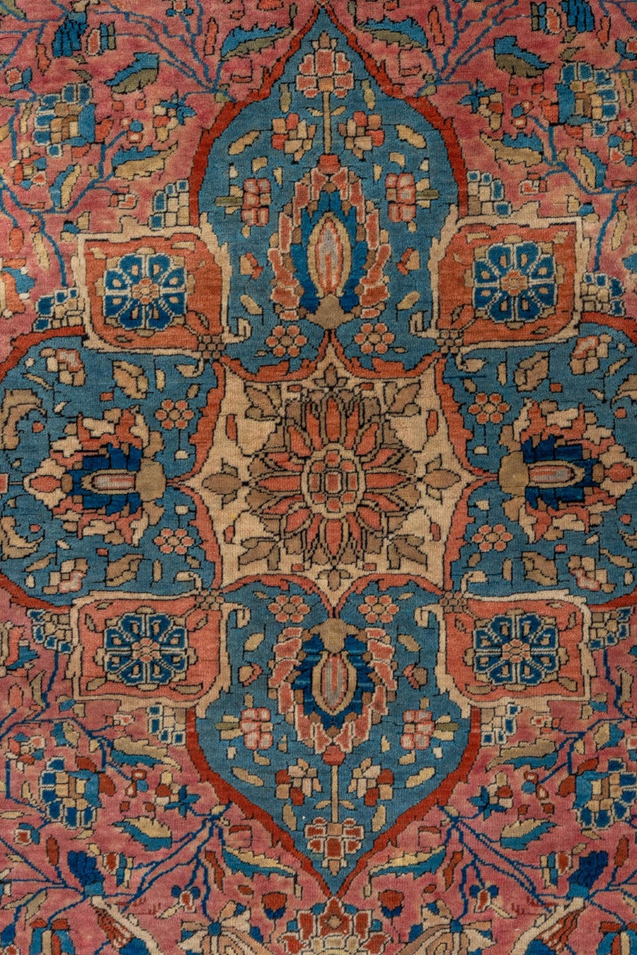 3' x 4' one-of-a-kind handmade vintage Mohtasham Kashan small size rug. Color palette: rose, navy, ivory, sky_blue, taupe