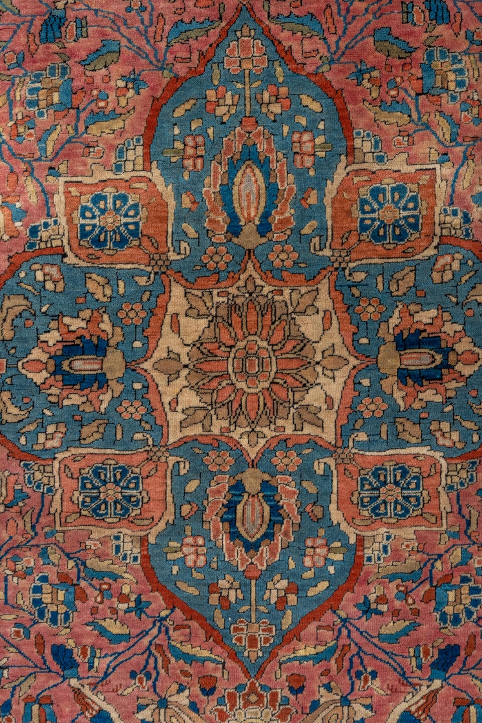 3' x 4' one-of-a-kind handmade vintage Mohtasham Kashan small size rug. Color palette: rose, navy, ivory, sky_blue, taupe