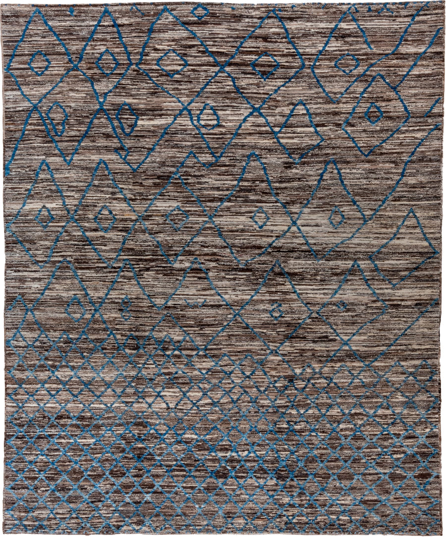 8' x 10' one-of-a-kind handmade vintage Tulu large size rug. Color palette: brown, ivory, blue, charcoal, taupe, gray, black