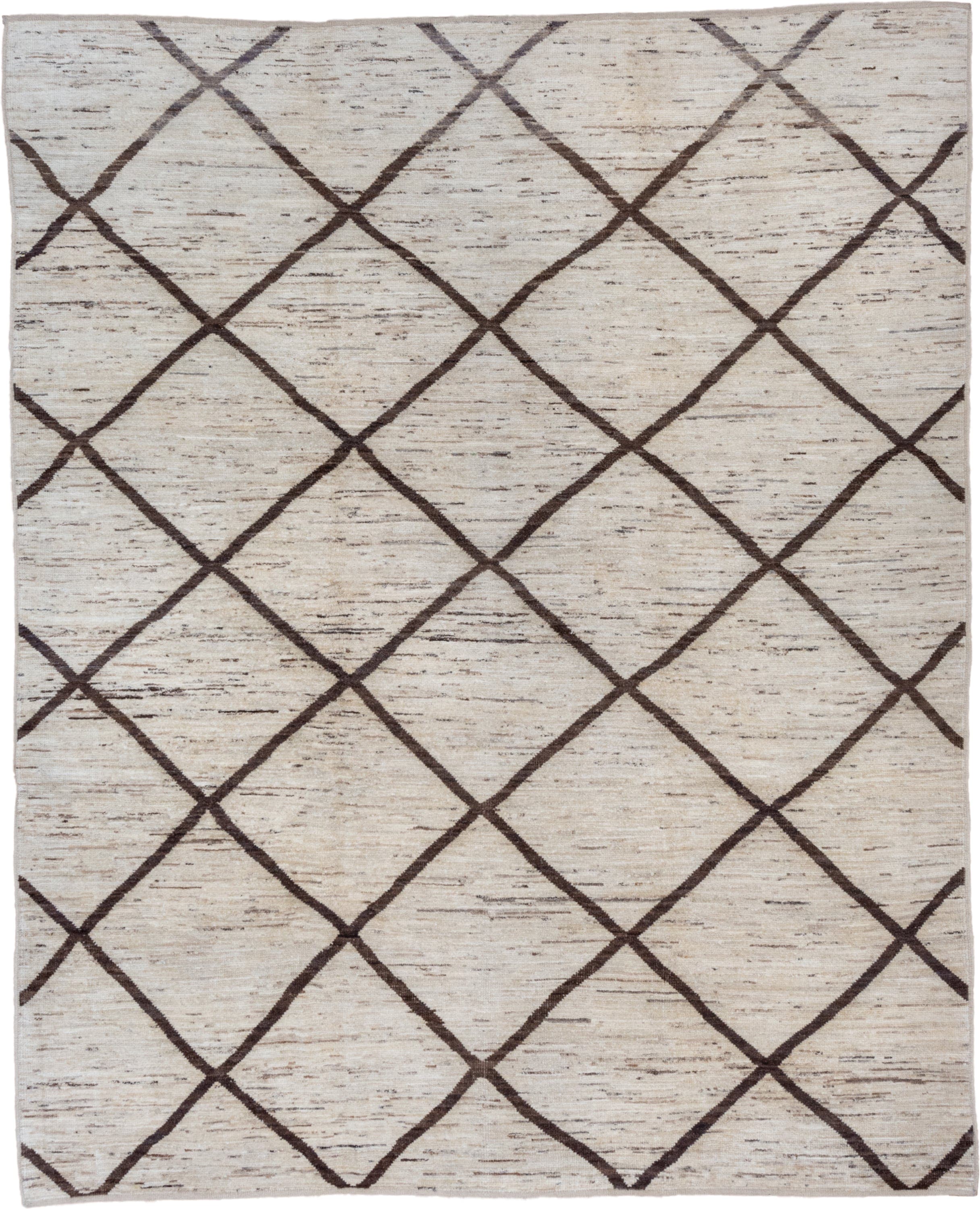 8' x 9' one-of-a-kind handmade vintage Tulu rug. Color palette: ivory, brown, taupe, charcoal, beige, gray, black