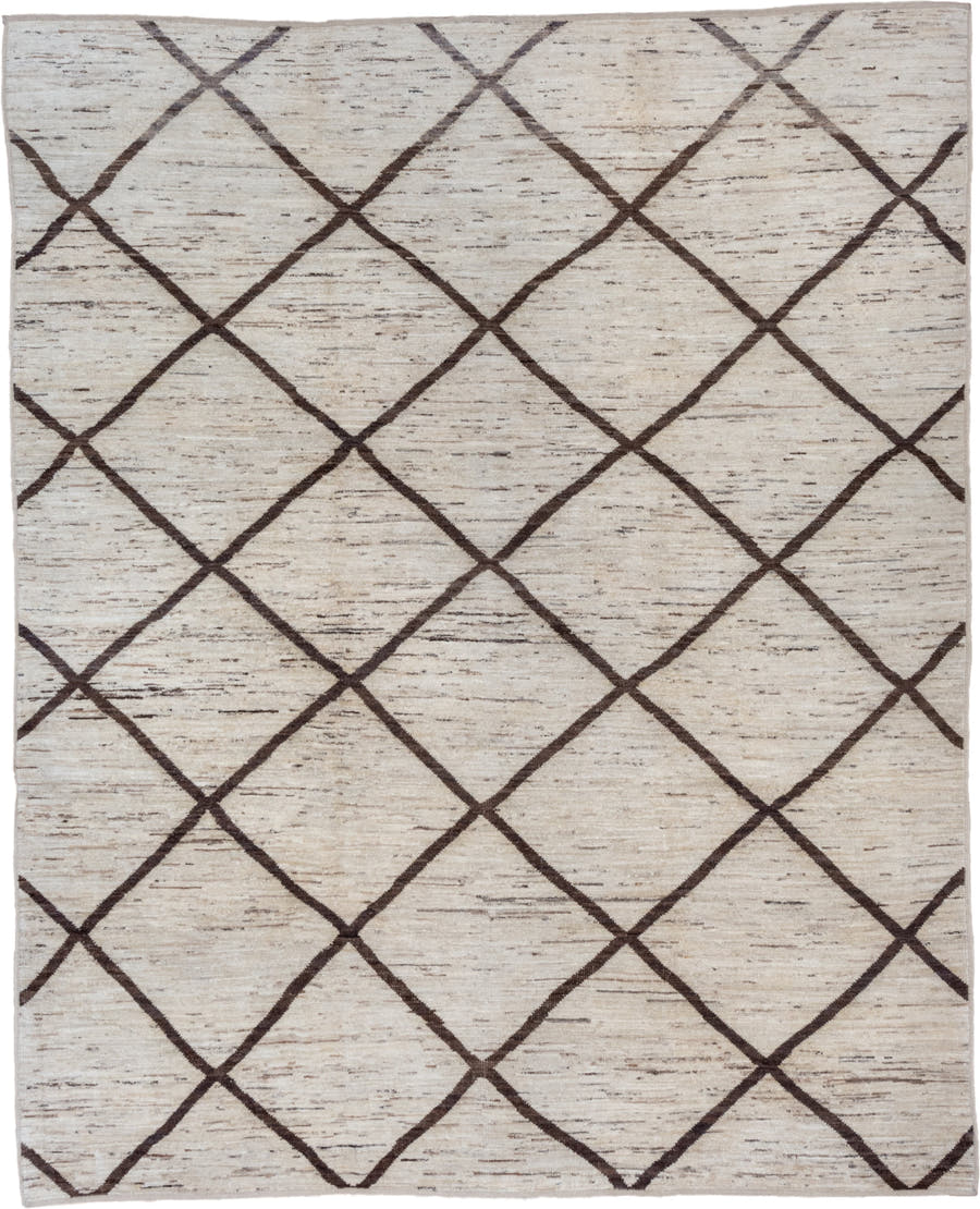 8' x 9' one-of-a-kind handmade vintage Tulu rug. Color palette: ivory, brown, taupe, charcoal, beige, gray, black