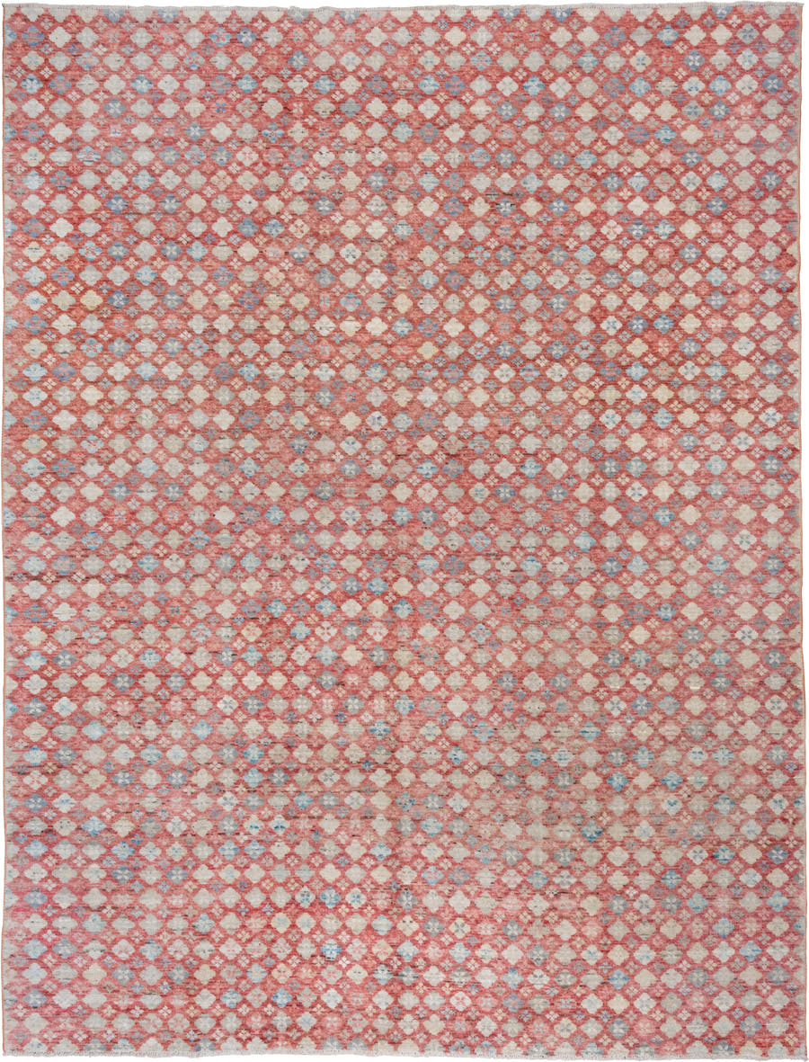 10' x 12' one-of-a-kind handmade vintage Tulu large size rug. Color palette: coral, ivory, powder_blue, rose, taupe, slate