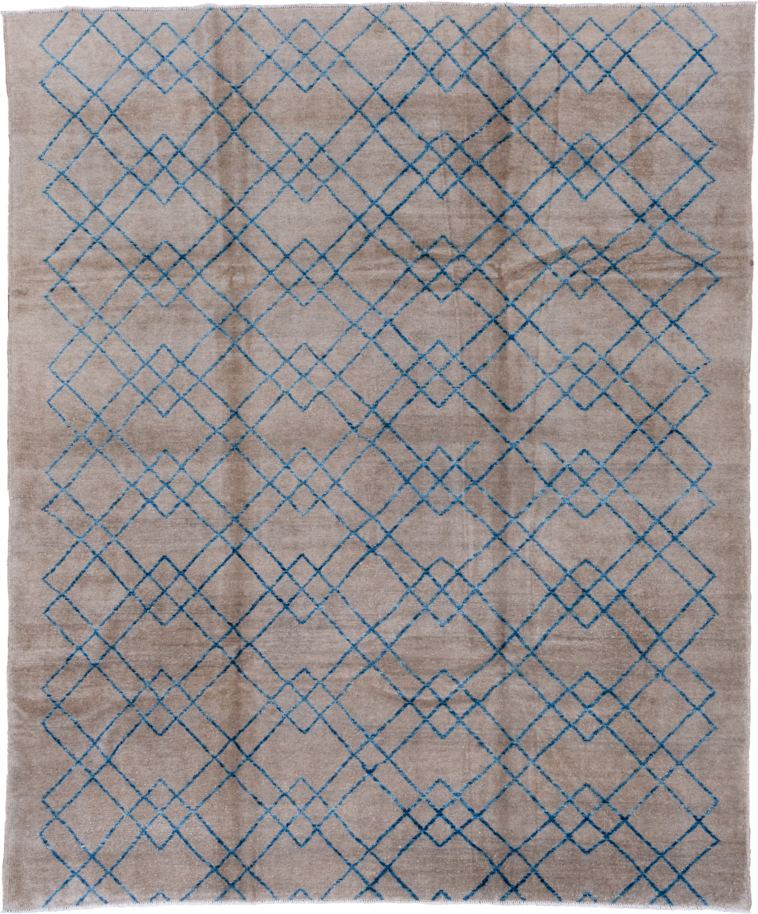 8' x 9' one-of-a-kind handmade vintage Tulu rug. Color palette: taupe, blue, ivory, beige, gray