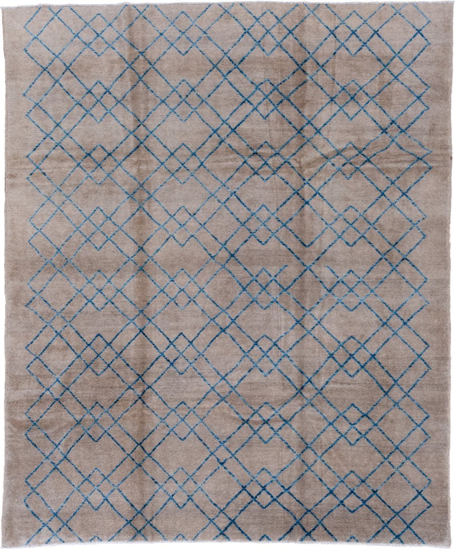 8' x 9' one-of-a-kind handmade vintage Tulu rug. Color palette: taupe, blue, ivory, beige, gray
