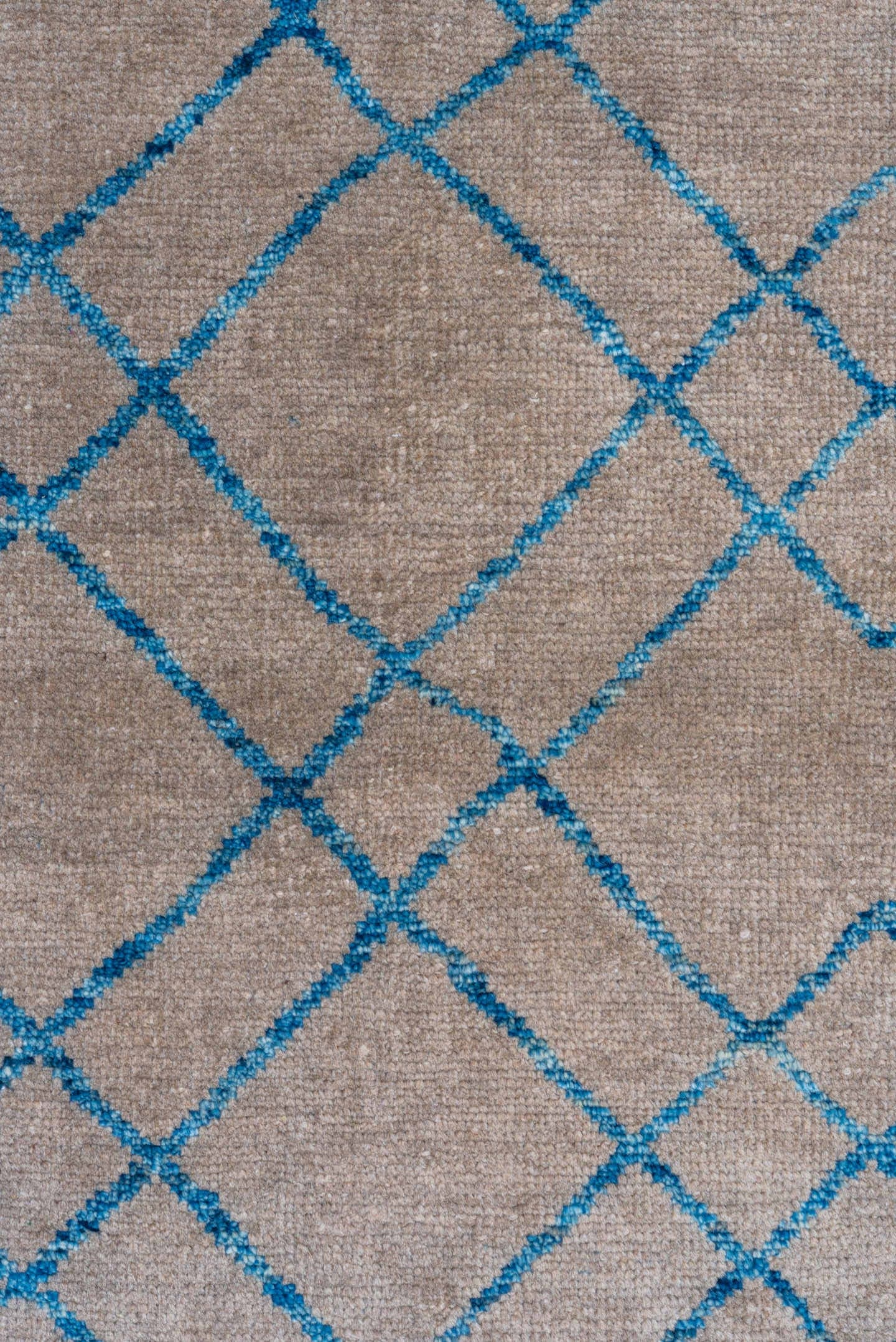 8' x 9' one-of-a-kind handmade vintage Tulu rug. Color palette: taupe, blue, ivory, beige, gray