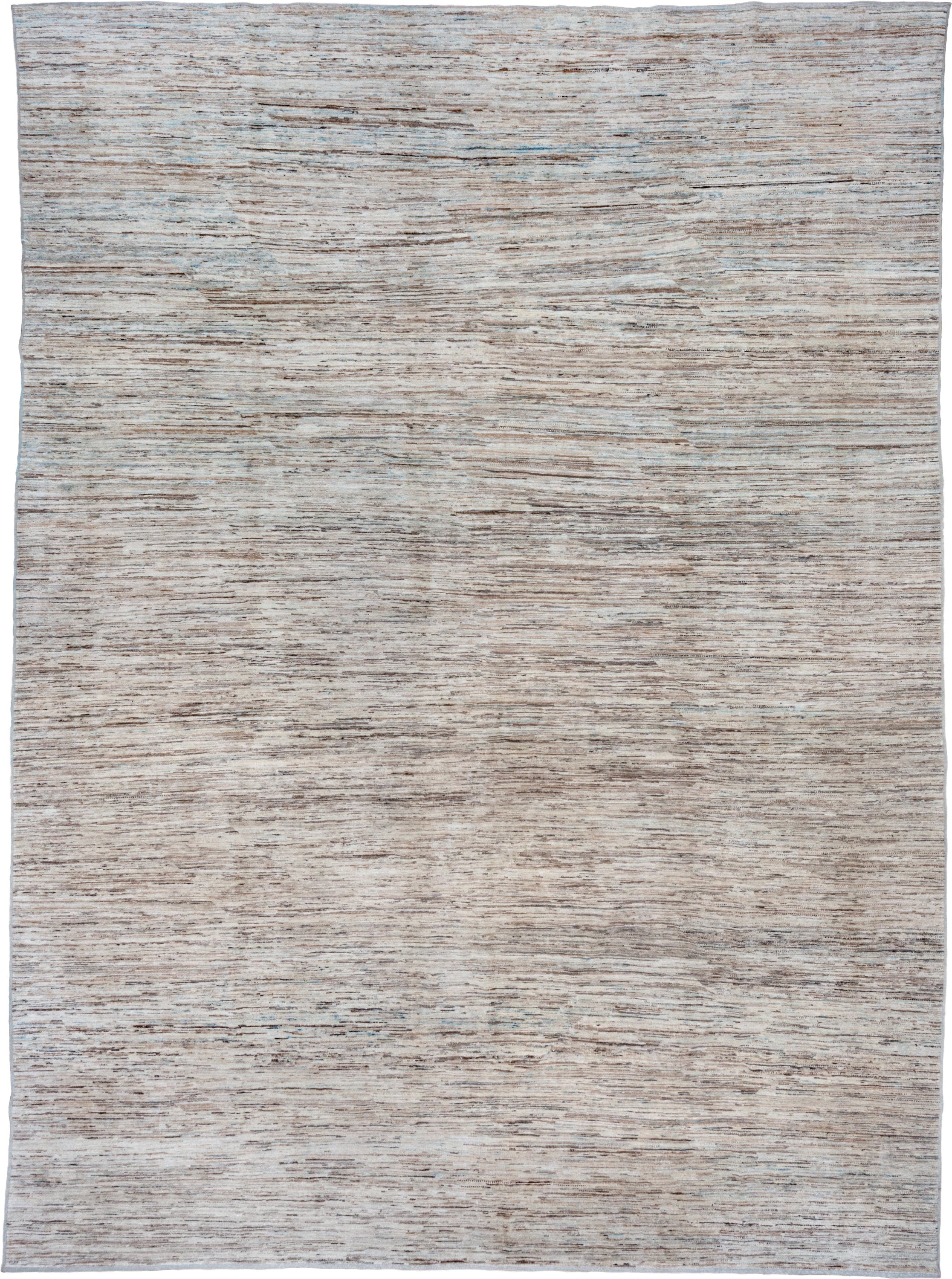 10' x 13' one-of-a-kind handmade vintage Tulu large size rug. Color palette: ivory, taupe, camel, light blue, brown, beige