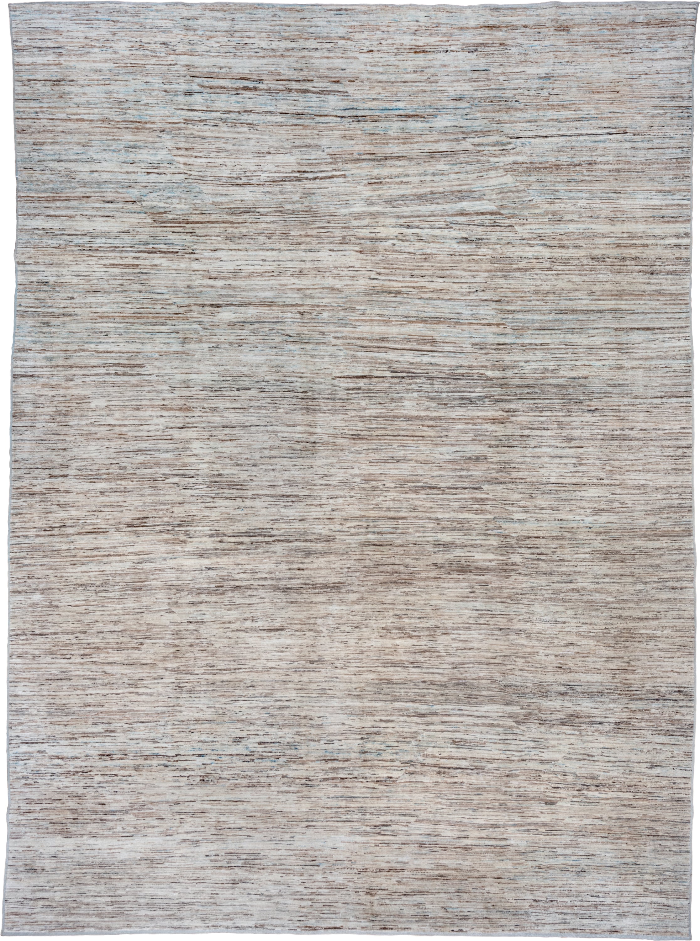 10' x 13' one-of-a-kind handmade vintage Tulu large size rug. Color palette: ivory, taupe, camel, light blue, brown, beige