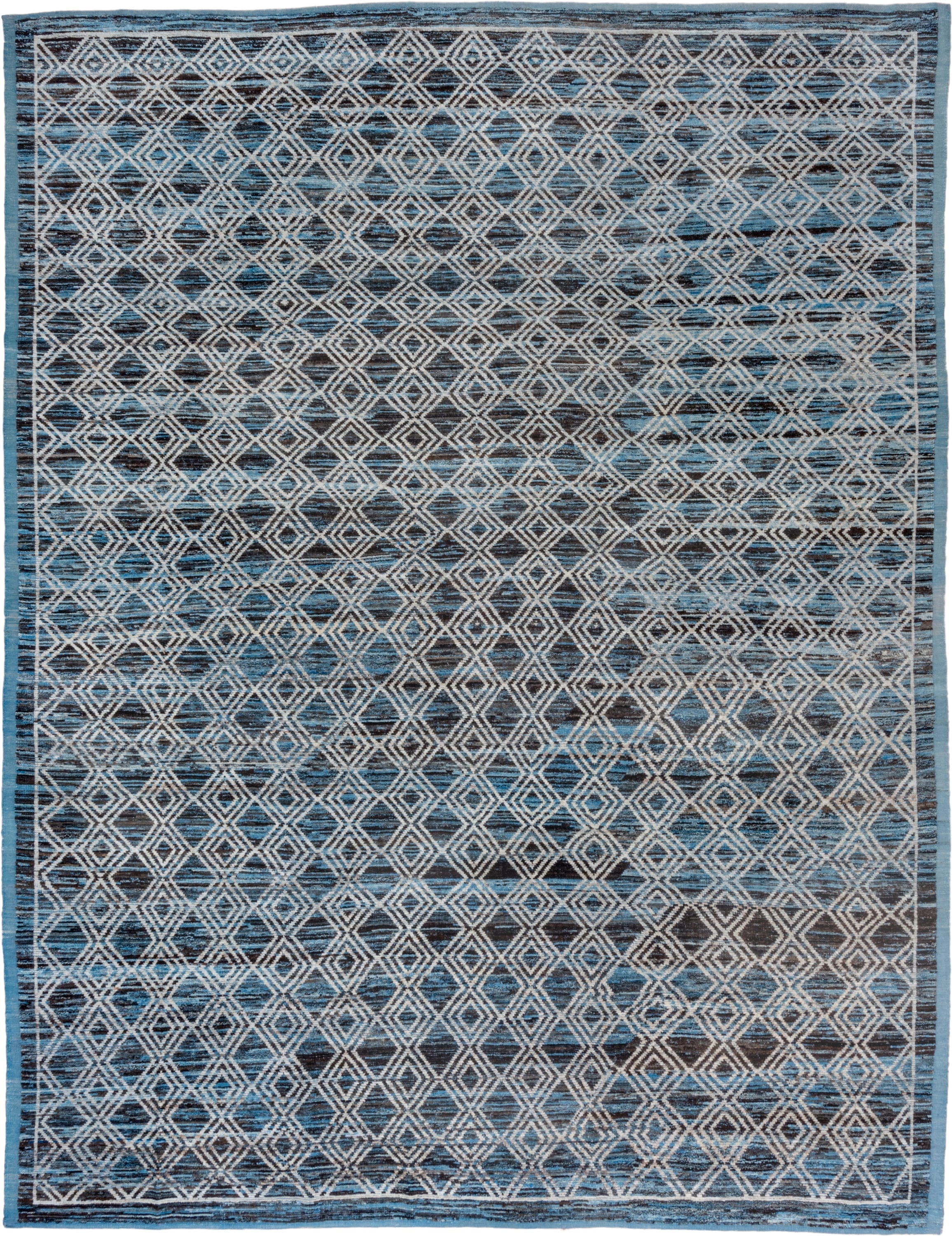 10' x 13' one-of-a-kind handmade vintage Tulu large size rug. Color palette: blue, ivory, charcoal, slate, gray, black