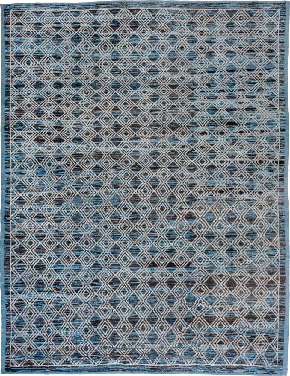 10' x 13' one-of-a-kind handmade vintage Tulu large size rug. Color palette: blue, ivory, charcoal, slate, gray, black