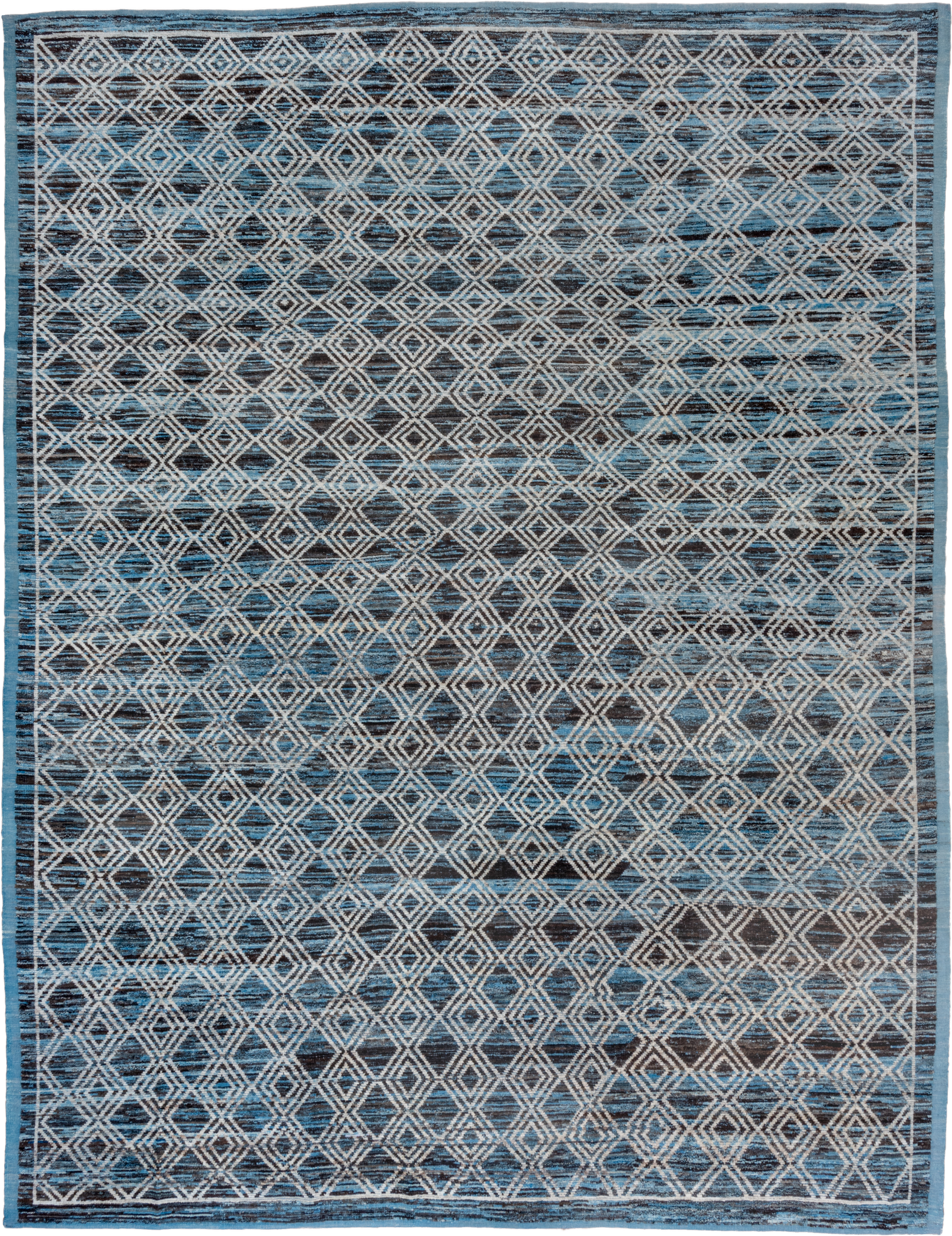 10' x 13' one-of-a-kind handmade vintage Tulu large size rug. Color palette: blue, ivory, charcoal, slate, gray, black