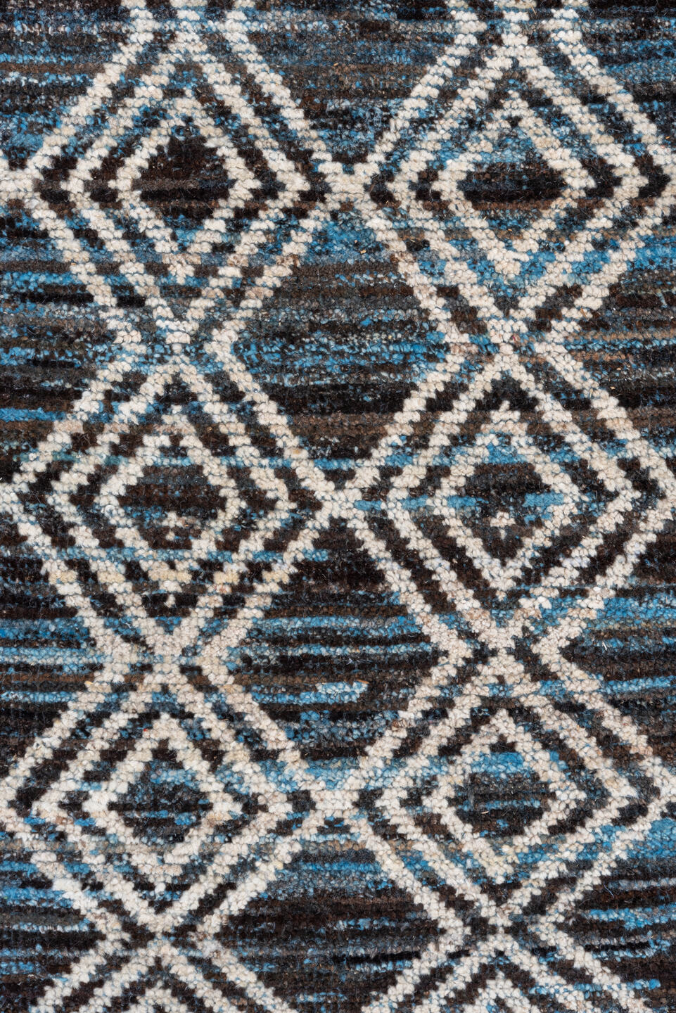10' x 13' one-of-a-kind handmade vintage Tulu large size rug. Color palette: blue, ivory, charcoal, slate, gray, black