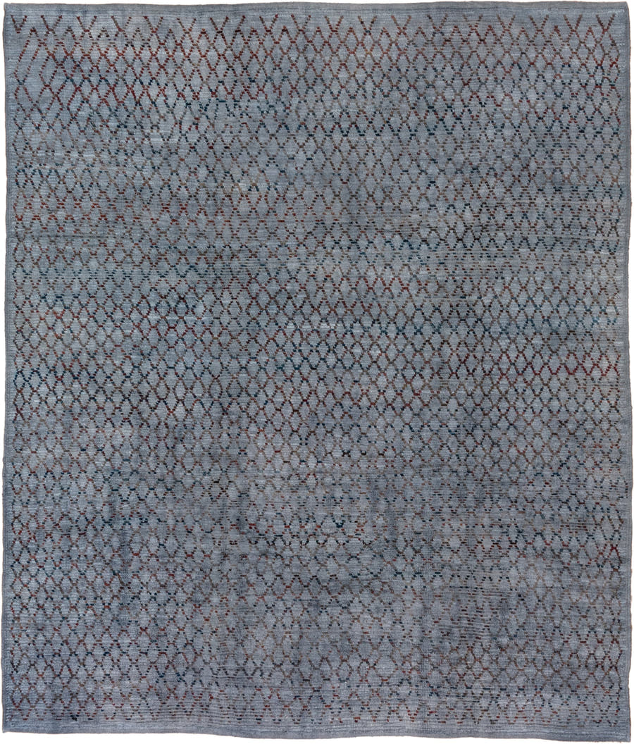 8' x 9' one-of-a-kind handmade vintage Tulu rug. Color palette: blue-gray, slate, rust, charcoal, taupe, gray, blue