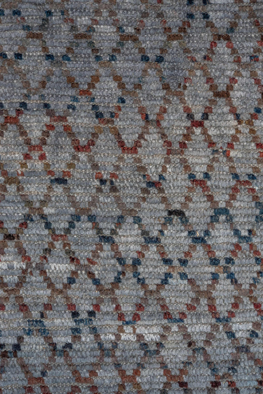 8' x 9' one-of-a-kind handmade vintage Tulu rug. Color palette: blue-gray, slate, rust, charcoal, taupe, gray, blue