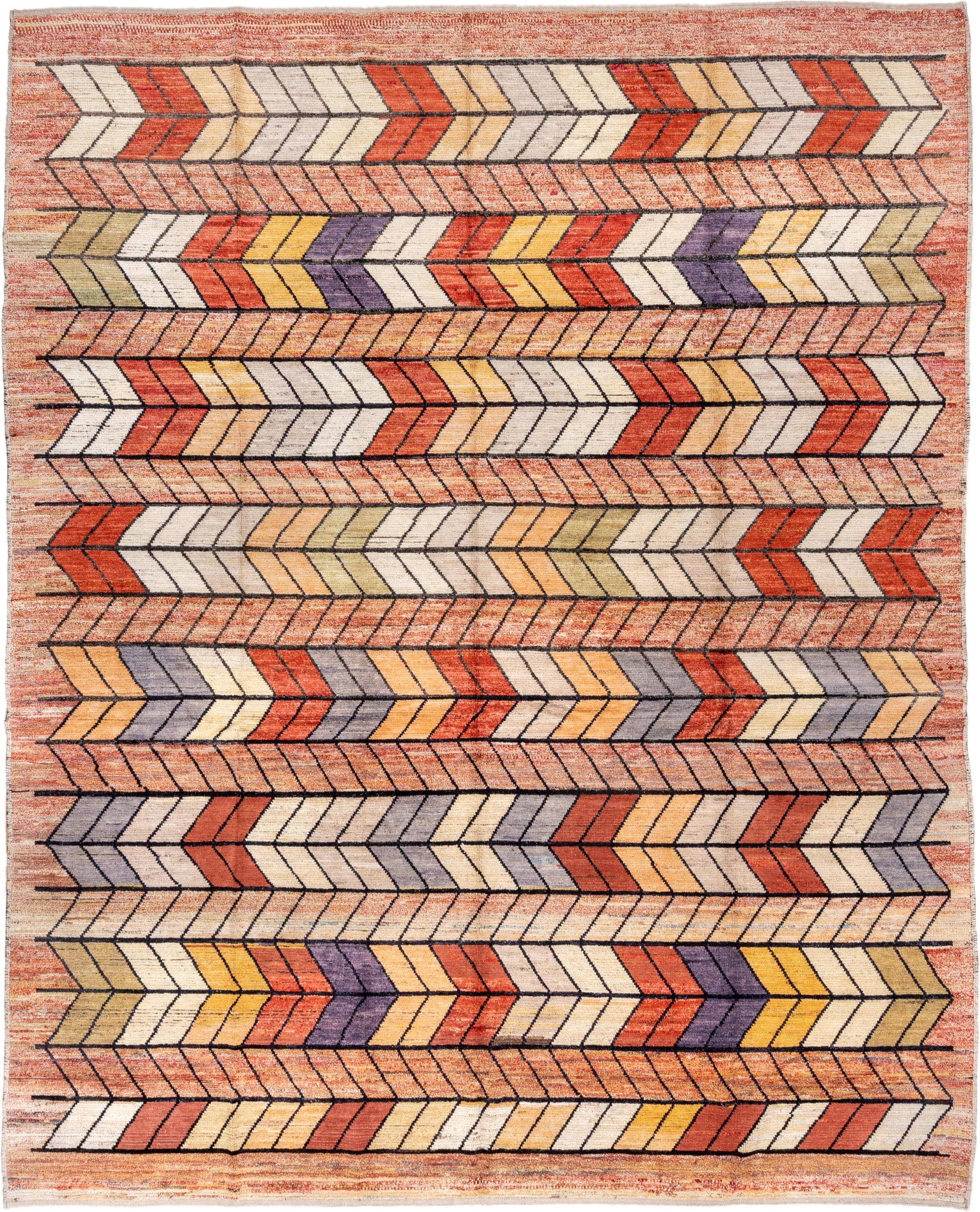 9' x 12' one-of-a-kind handmade vintage Tulu large size rug. Color palette: terra cotta, ivory, rust, peach, gold, violet