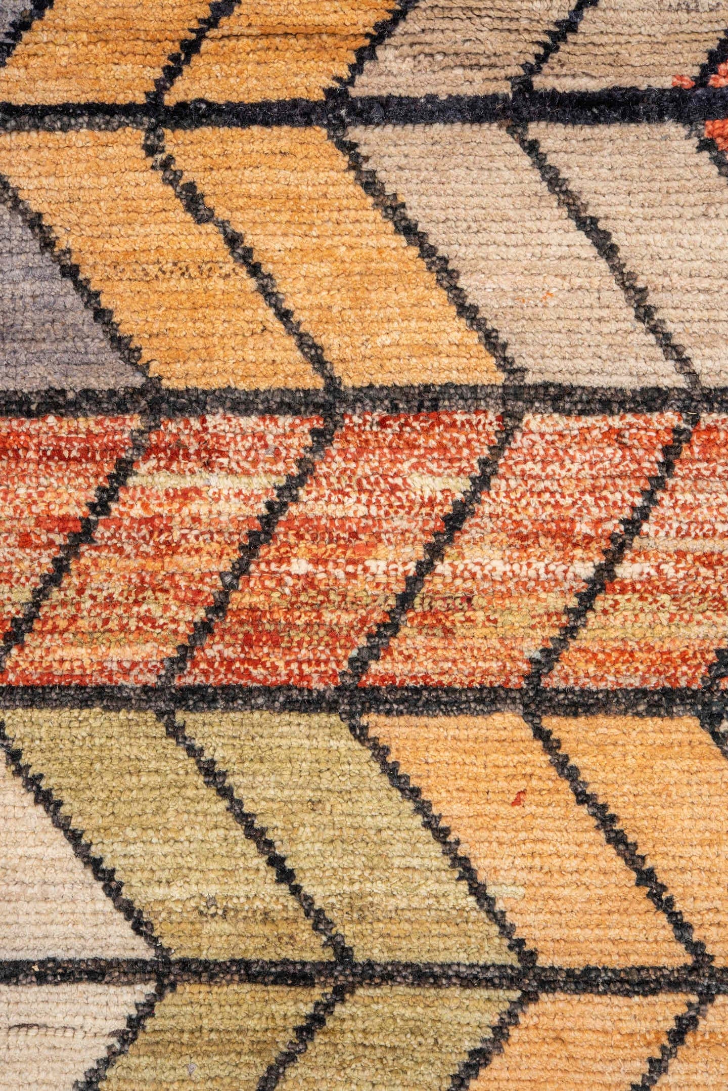 9' x 12' one-of-a-kind handmade vintage Tulu large size rug. Color palette: terra cotta, ivory, rust, peach, gold, violet