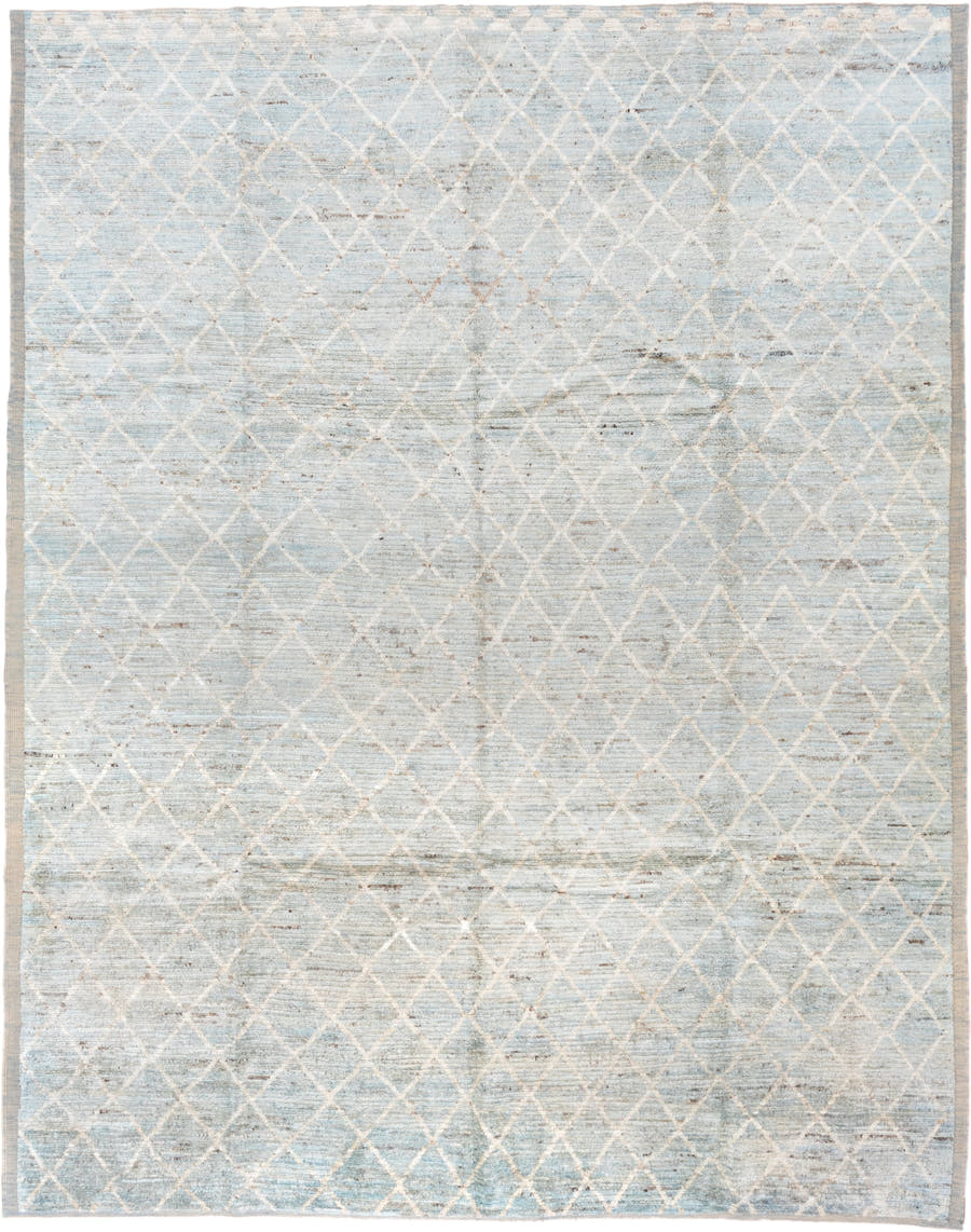 8' x 11' one-of-a-kind handmade vintage Tulu large size rug. Color palette: pale blue, ivory, taupe, beige, light gray