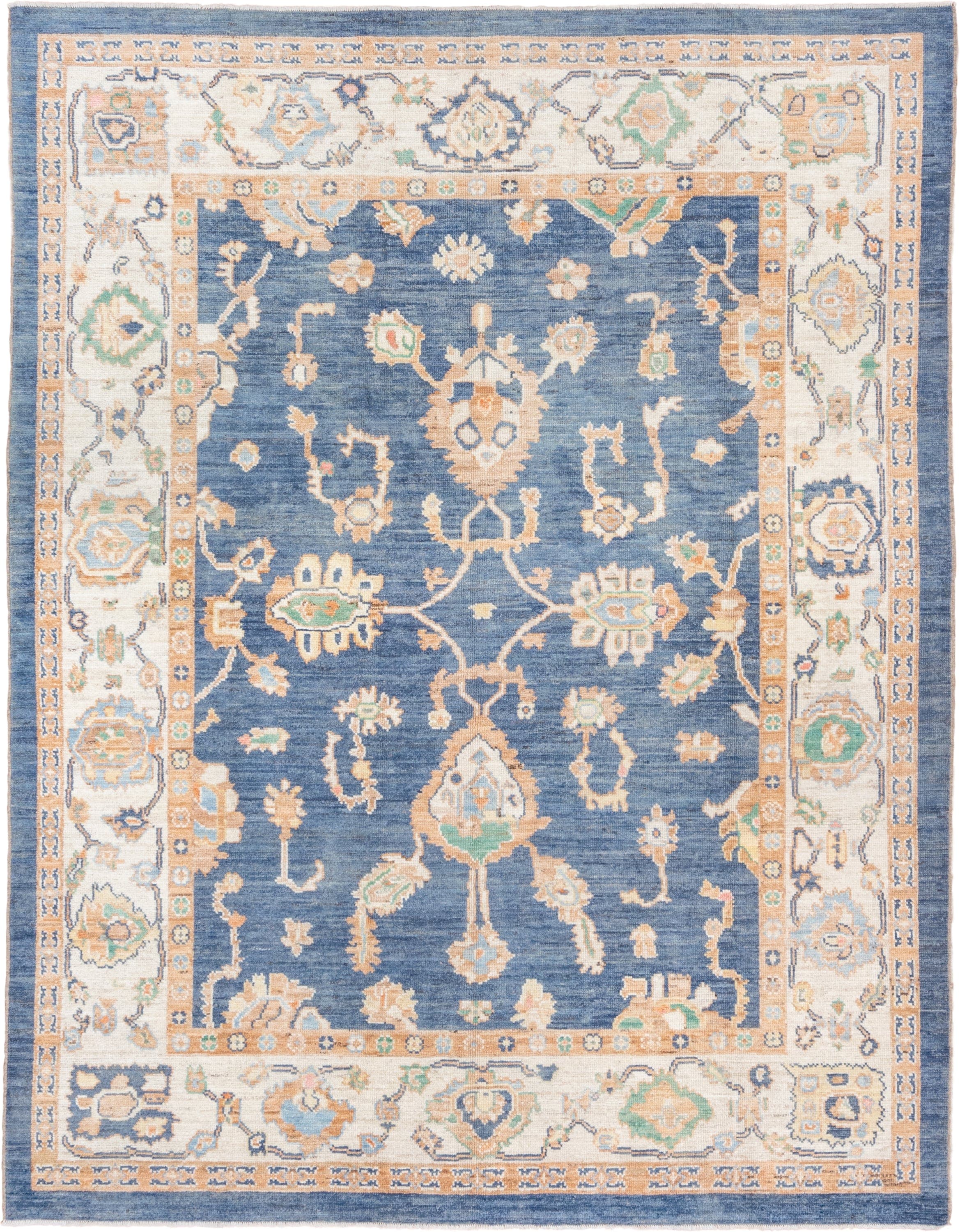 7' x 10' one-of-a-kind handmade vintage Oushak large size rug. Color palette: blue, ivory, peach, mint, tan, terracotta