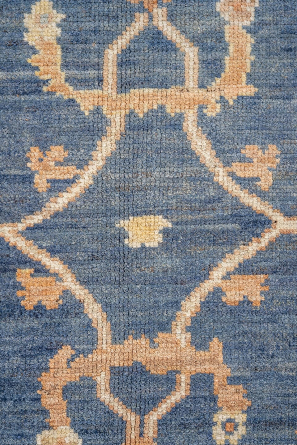 7' x 10' one-of-a-kind handmade vintage Oushak large size rug. Color palette: blue, ivory, peach, mint, tan, terracotta