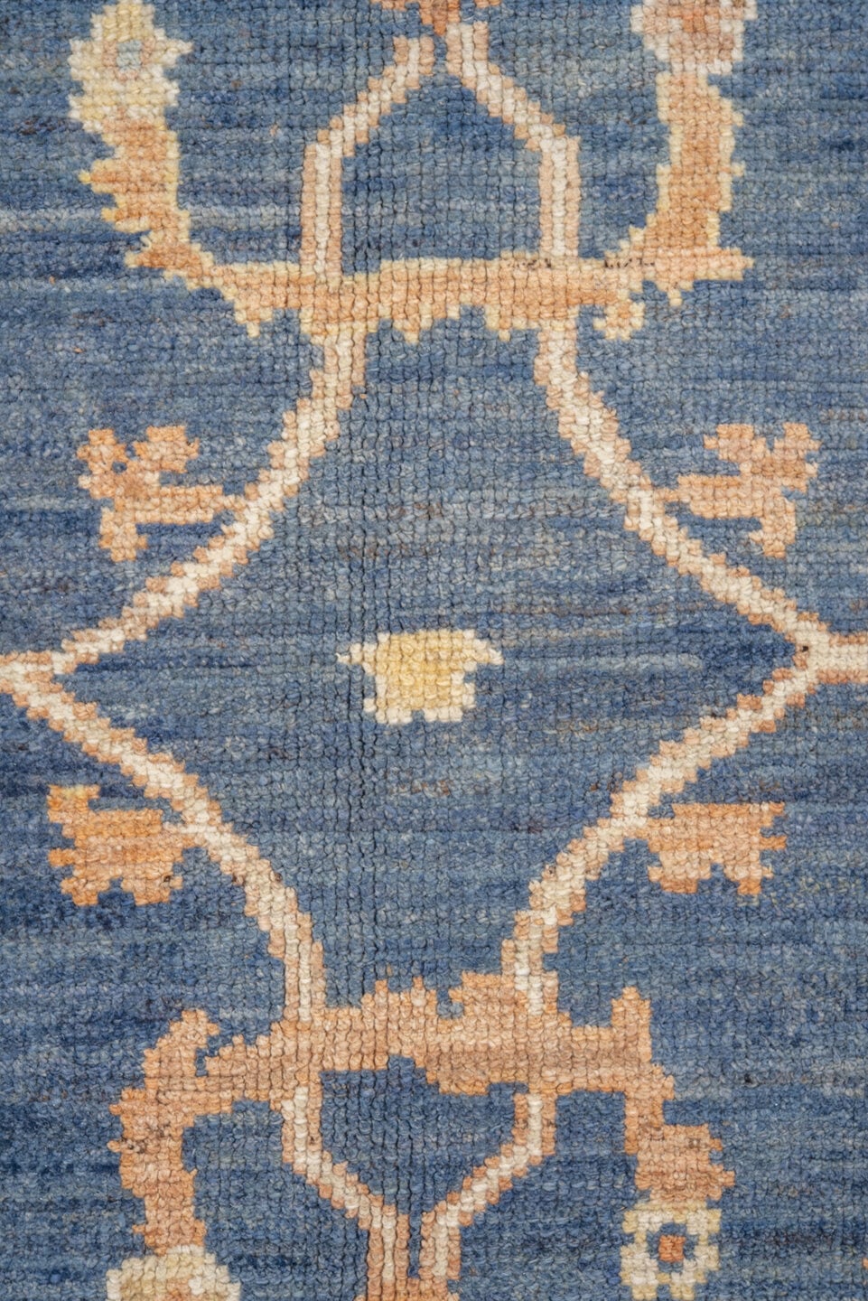7' x 10' one-of-a-kind handmade vintage Oushak large size rug. Color palette: blue, ivory, peach, mint, tan, terracotta