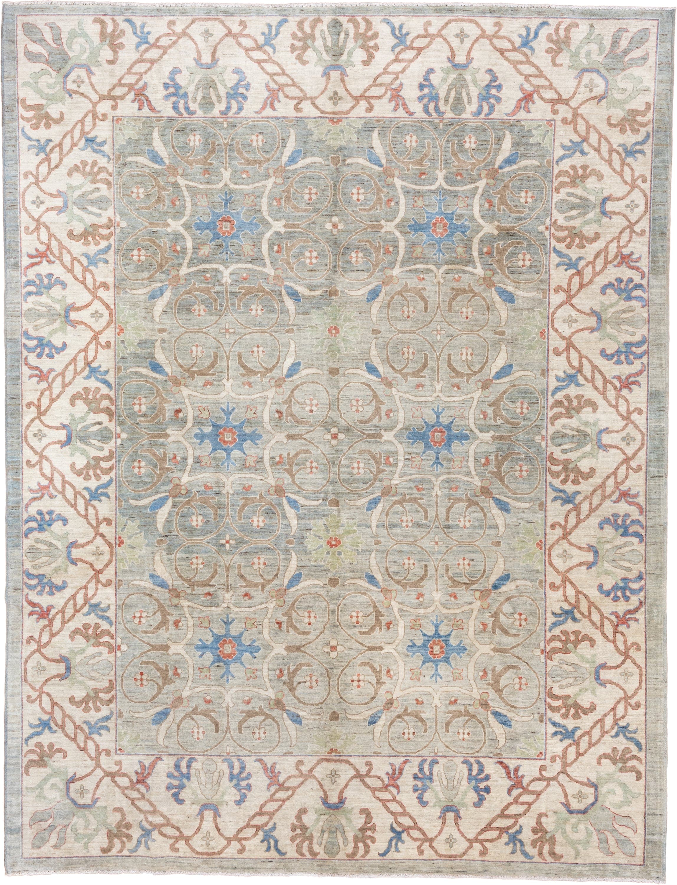 9' x 11' one-of-a-kind handmade vintage Tulu large size rug. Color palette: sage, ivory, taupe, sky_blue, rust, beige