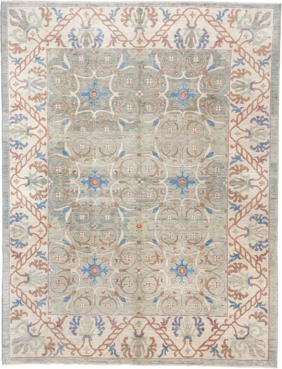 9' x 11' one-of-a-kind handmade vintage Tulu large size rug. Color palette: sage, ivory, taupe, sky_blue, rust, beige