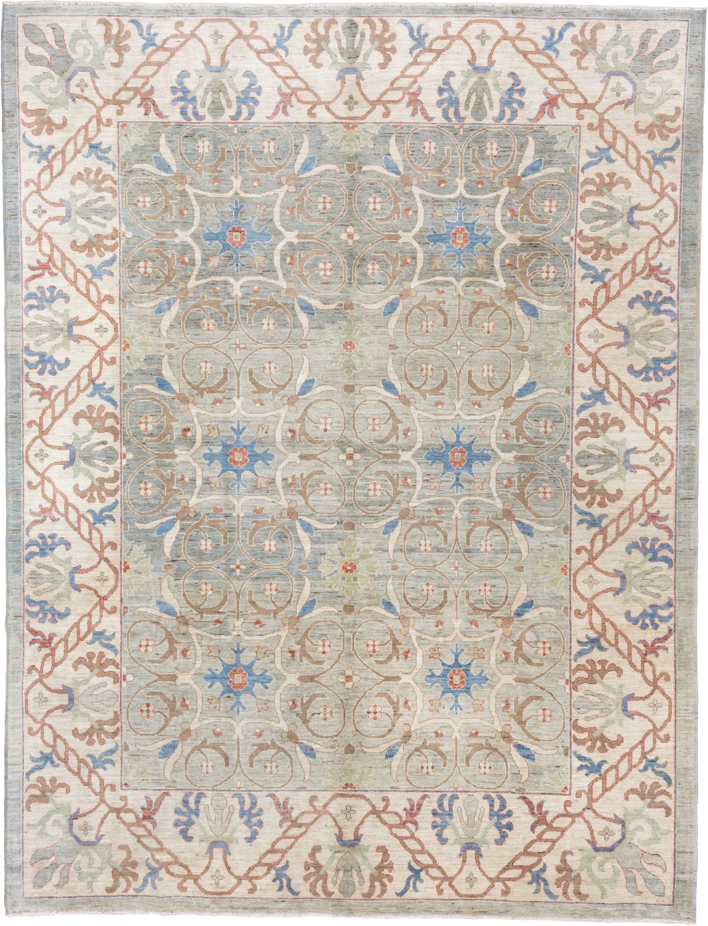 9' x 11' one-of-a-kind handmade vintage Tulu large size rug. Color palette: sage, ivory, taupe, sky_blue, rust, beige