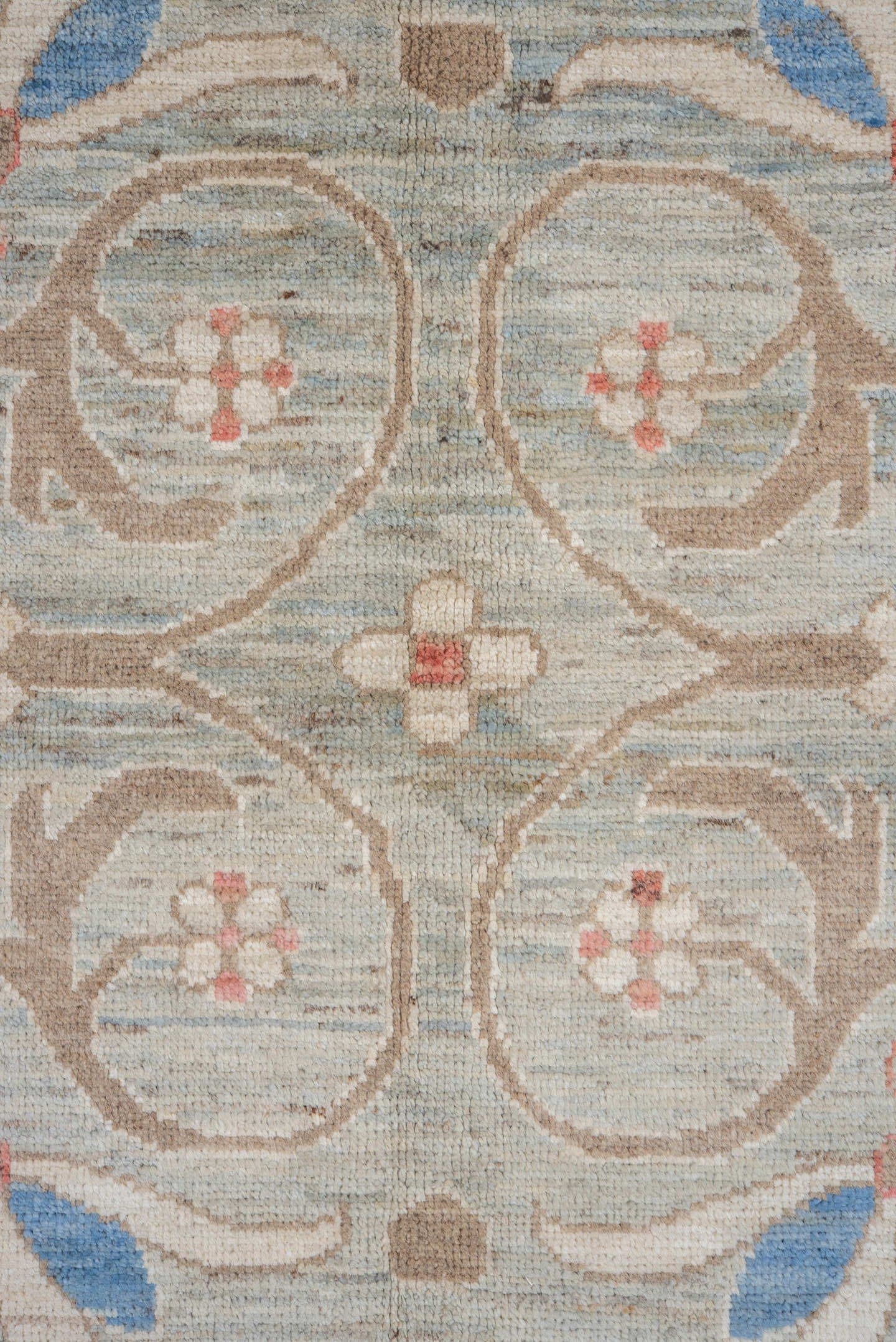 9' x 11' one-of-a-kind handmade vintage Tulu large size rug. Color palette: sage, ivory, taupe, sky_blue, rust, beige