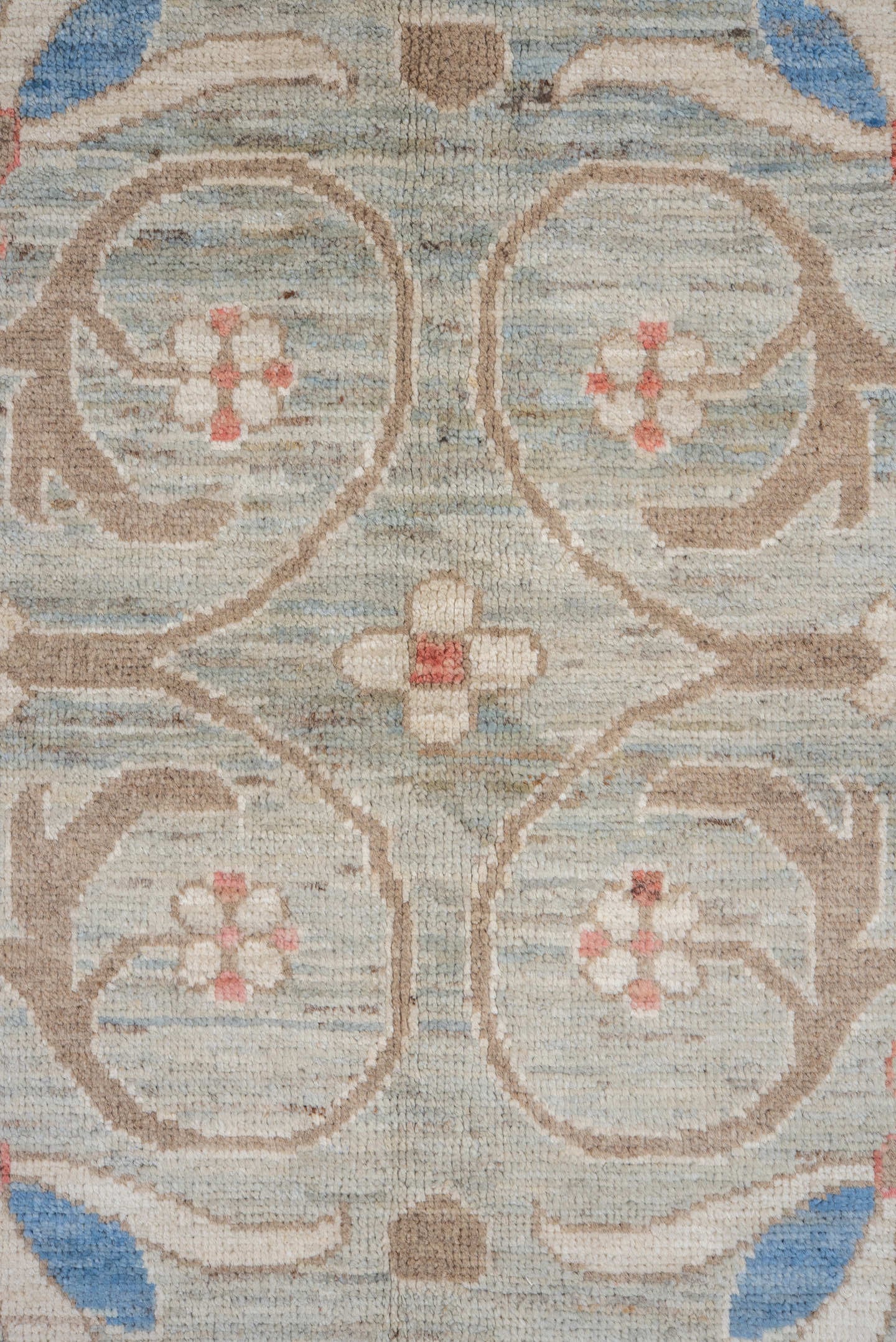 9' x 11' one-of-a-kind handmade vintage Tulu large size rug. Color palette: sage, ivory, taupe, sky_blue, rust, beige