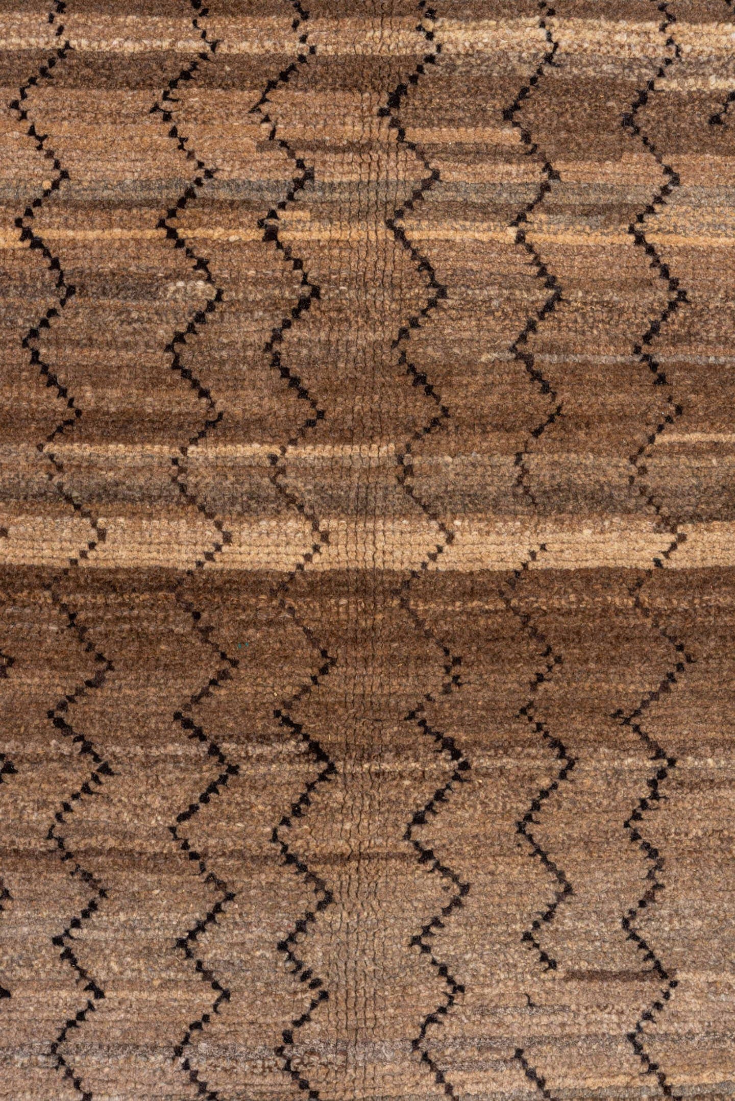 8' x 9' one-of-a-kind handmade vintage Tulu rug. Color palette: taupe, brown, camel, charcoal, beige, gray, black