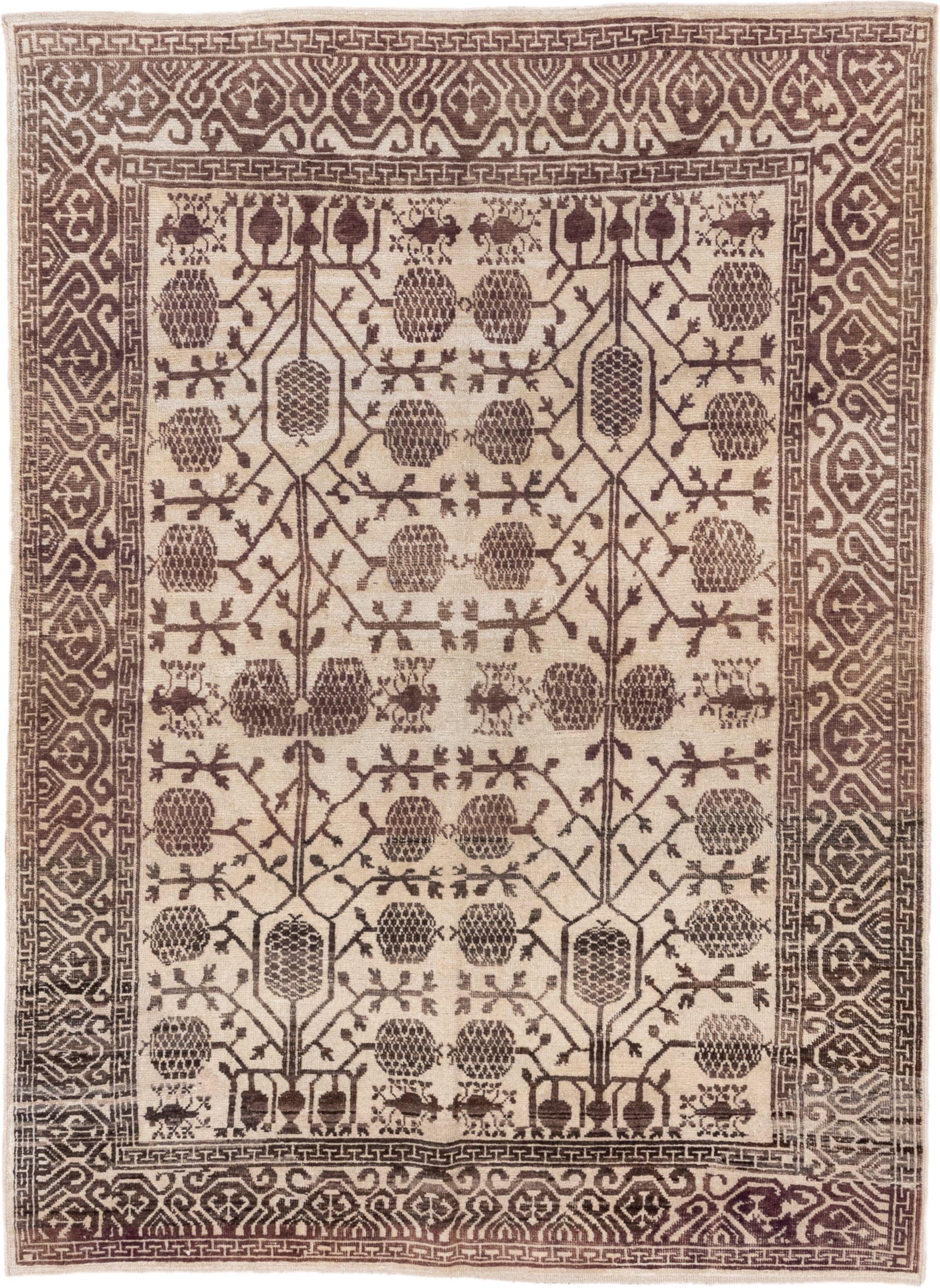 5' x 7' one-of-a-kind handmade vintage Tulu rug. Color palette: ivory, brown, taupe, camel, beige, gray