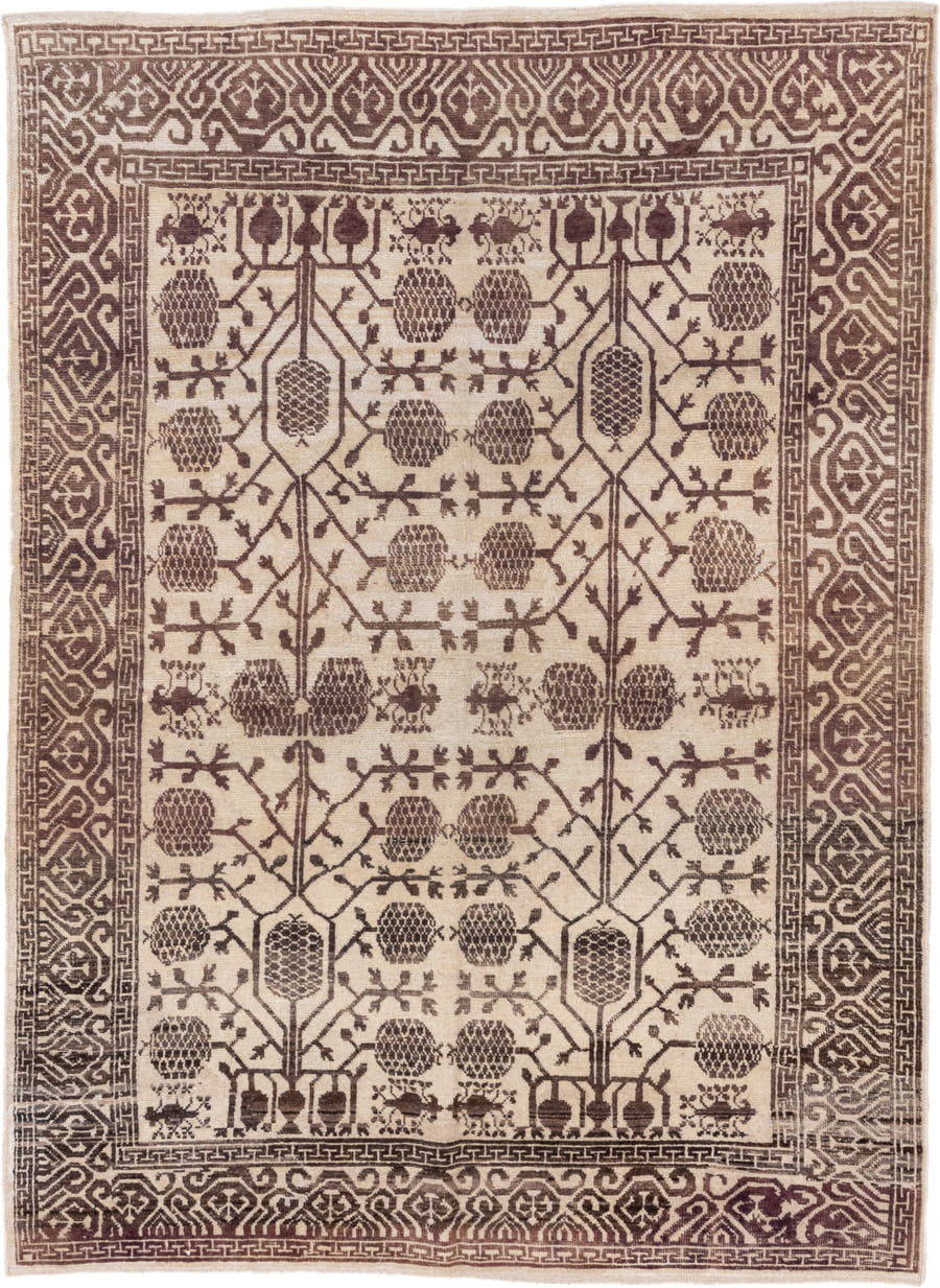 5' x 7' one-of-a-kind handmade vintage Tulu rug. Color palette: ivory, brown, taupe, camel, beige, gray
