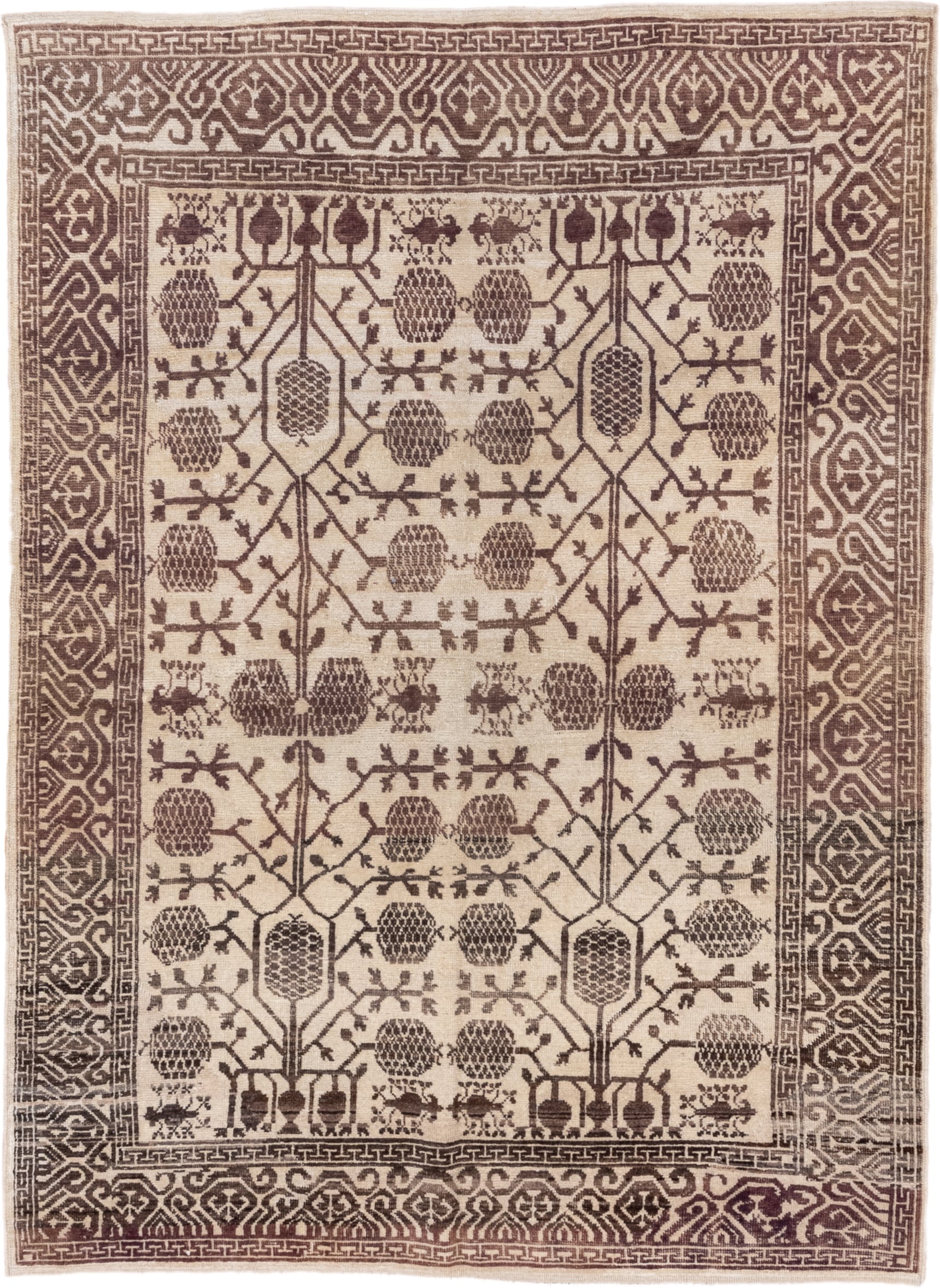 5' x 7' one-of-a-kind handmade vintage Tulu rug. Color palette: ivory, brown, taupe, camel, beige, gray