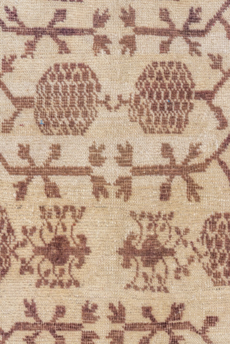 5' x 7' one-of-a-kind handmade vintage Tulu rug. Color palette: ivory, brown, taupe, camel, beige, gray