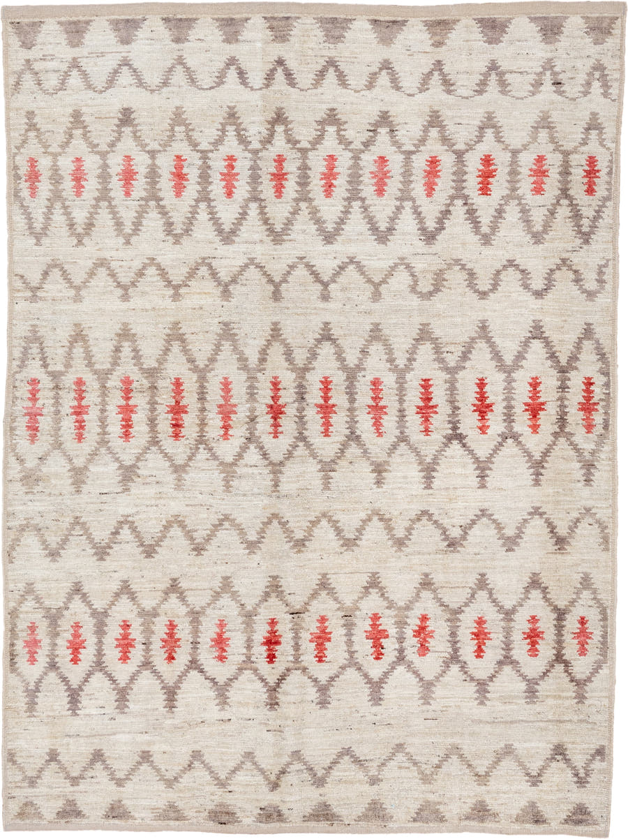 6' x 8' one-of-a-kind handmade vintage Tulu medium size rug. Color palette: ivory, taupe, coral, beige, gray, terracotta