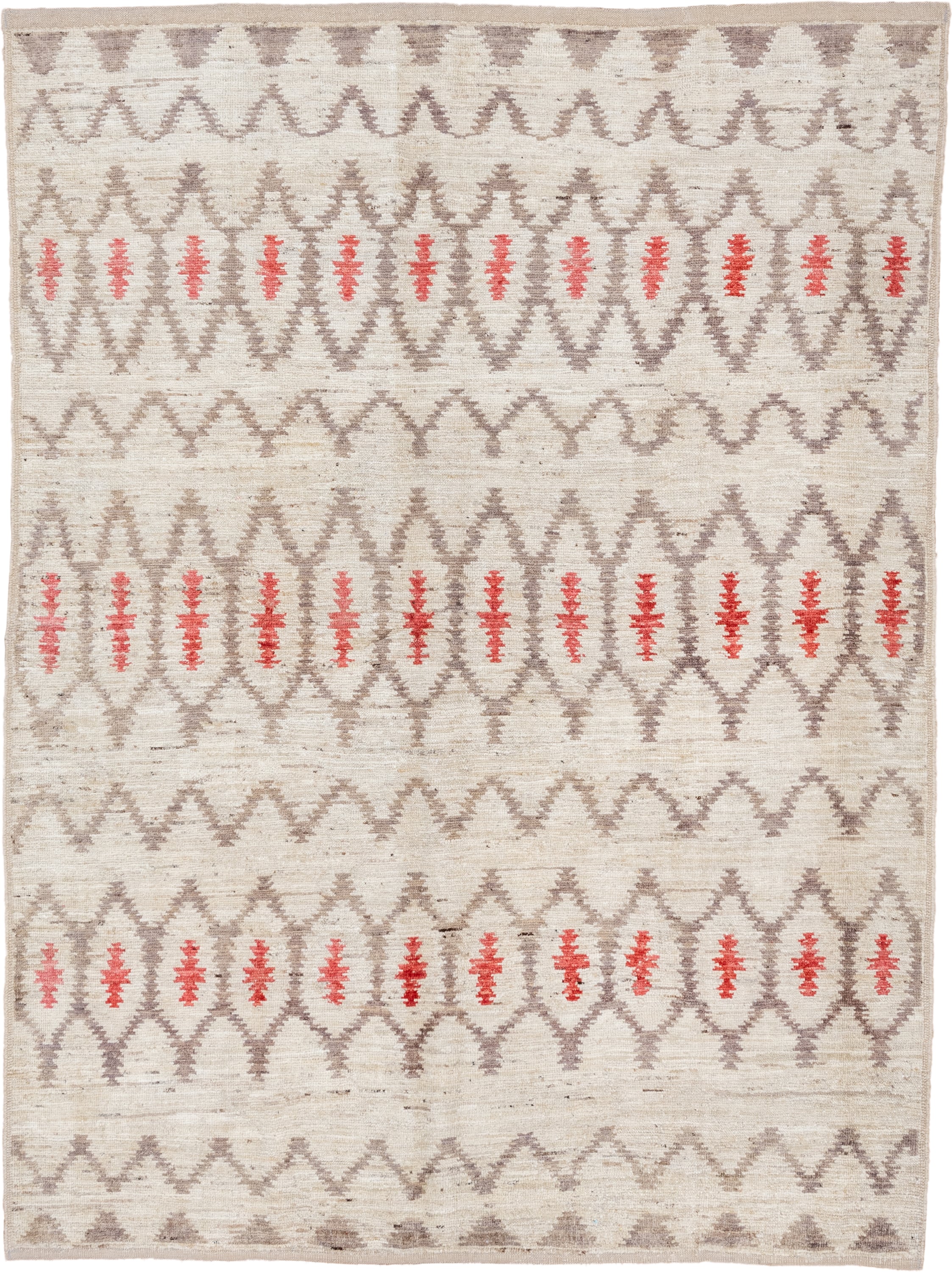 6' x 8' one-of-a-kind handmade vintage Tulu medium size rug. Color palette: ivory, taupe, coral, beige, gray, terracotta