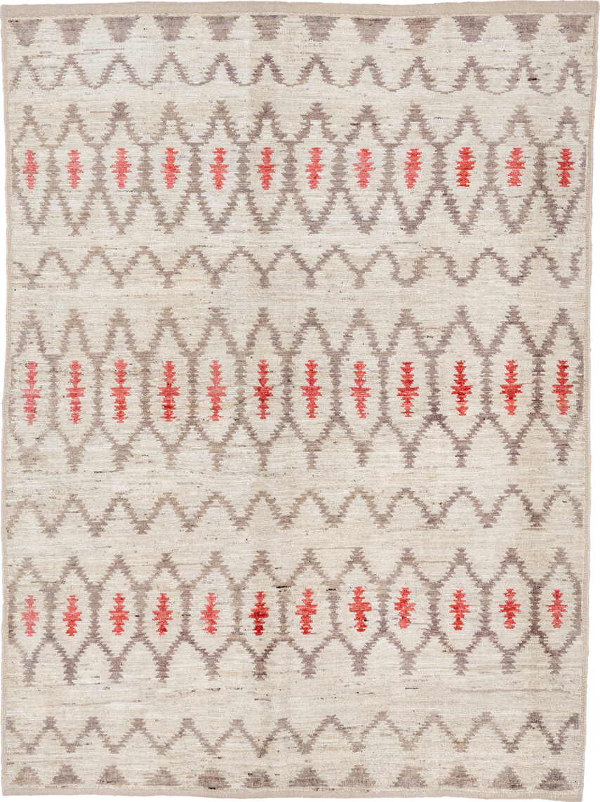 6' x 8' one-of-a-kind handmade vintage Tulu medium size rug. Color palette: ivory, taupe, coral, beige, gray, terracotta