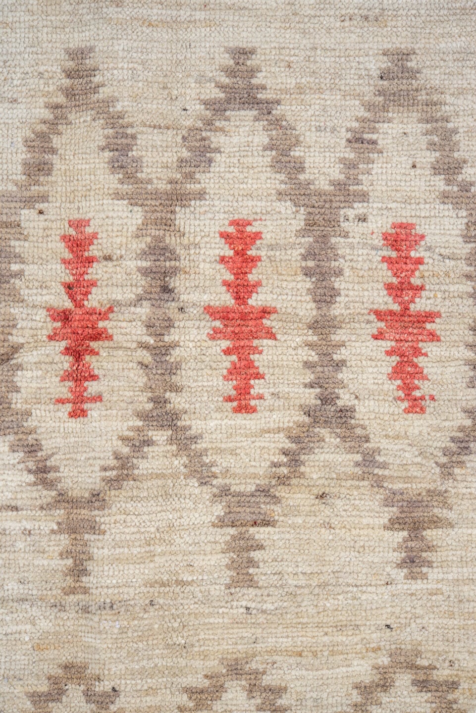 6' x 8' one-of-a-kind handmade vintage Tulu medium size rug. Color palette: ivory, taupe, coral, beige, gray, terracotta
