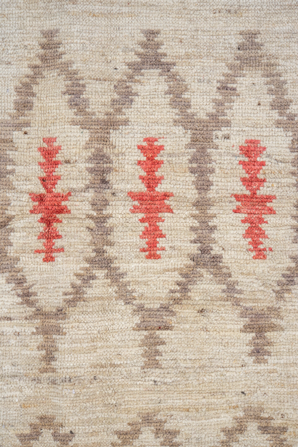6' x 8' one-of-a-kind handmade vintage Tulu medium size rug. Color palette: ivory, taupe, coral, beige, gray, terracotta