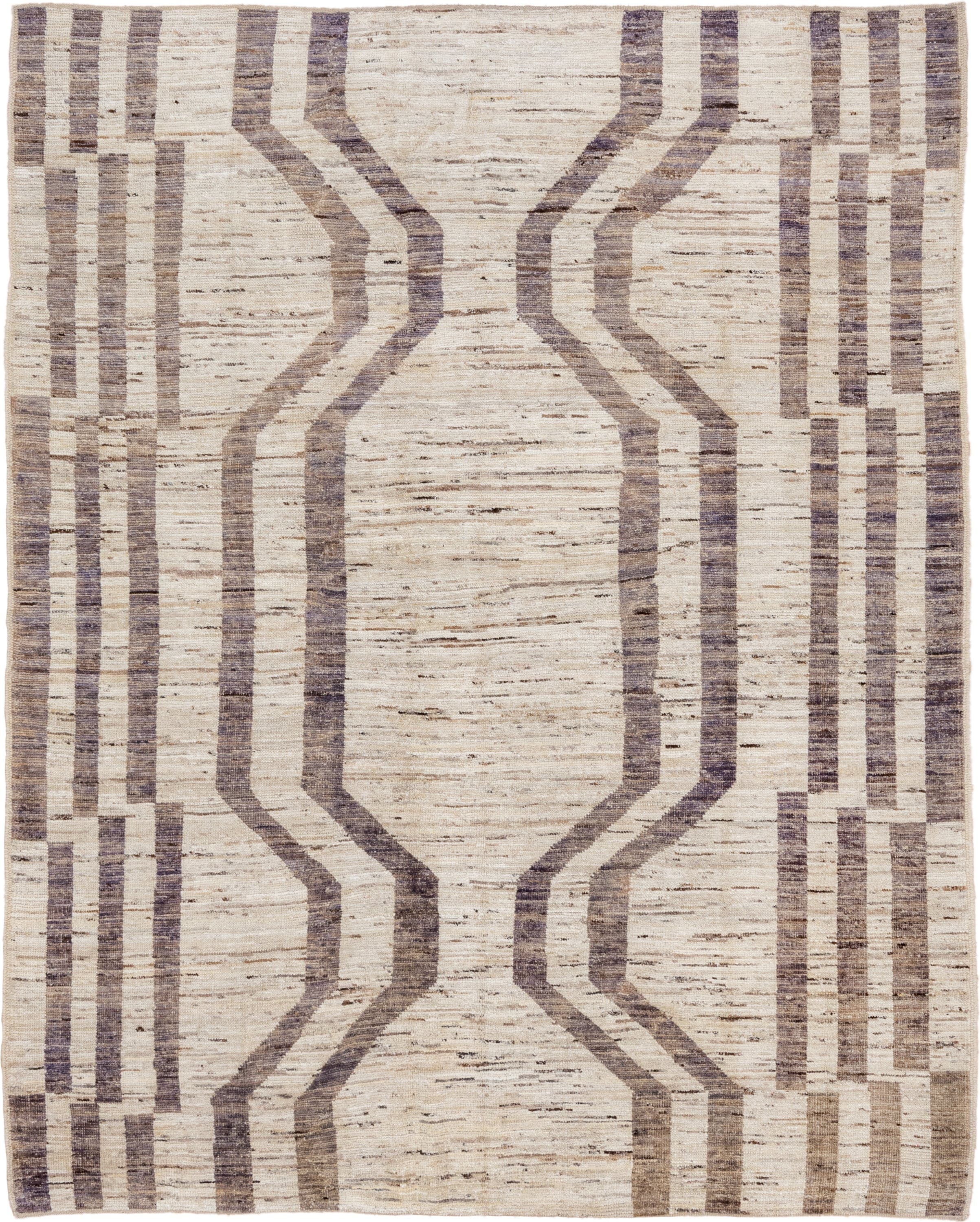 6' x 8' one-of-a-kind handmade vintage Tulu medium size rug. Color palette: ivory, taupe, brown, charcoal, beige, gray
