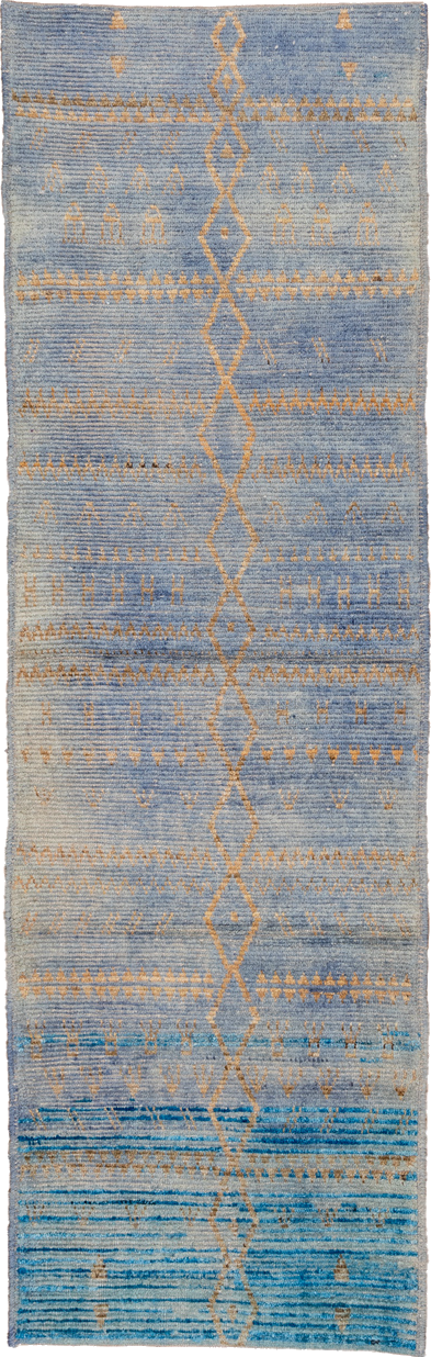 3' x 9' one-of-a-kind handmade vintage Tulu runner rug. Color palette: blue, brown, dark gray, gray, light blue, light gray